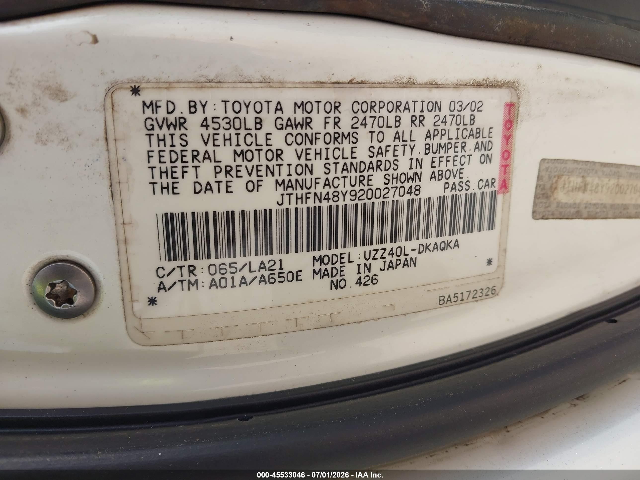 2002 Lexus Sc 430   White vin: JTHFN48Y920027048