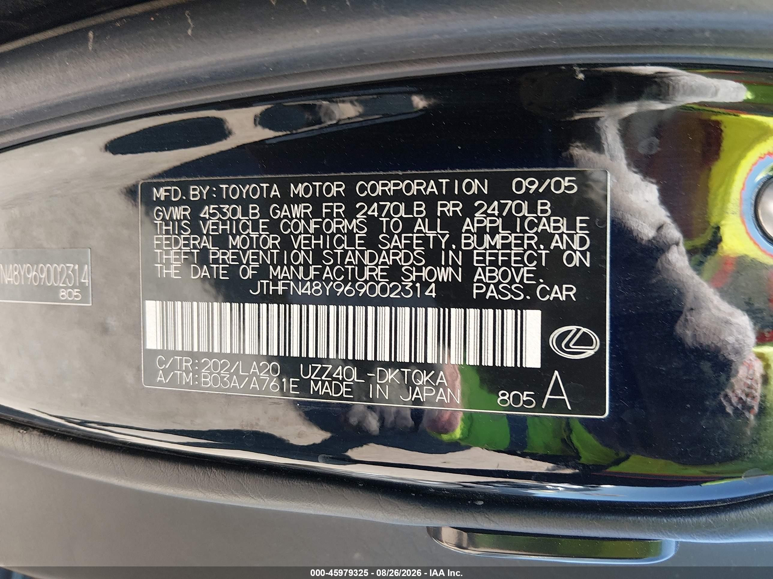 2006 Lexus Sc 430 Черный vin: JTHFN48Y969002314