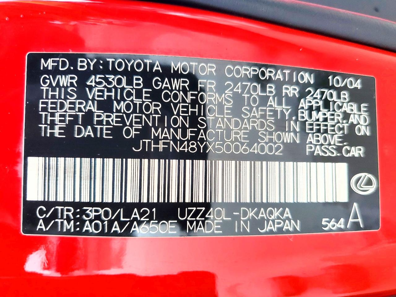 2005 Lexus Sc 430 Red vin: JTHFN48YX50064002