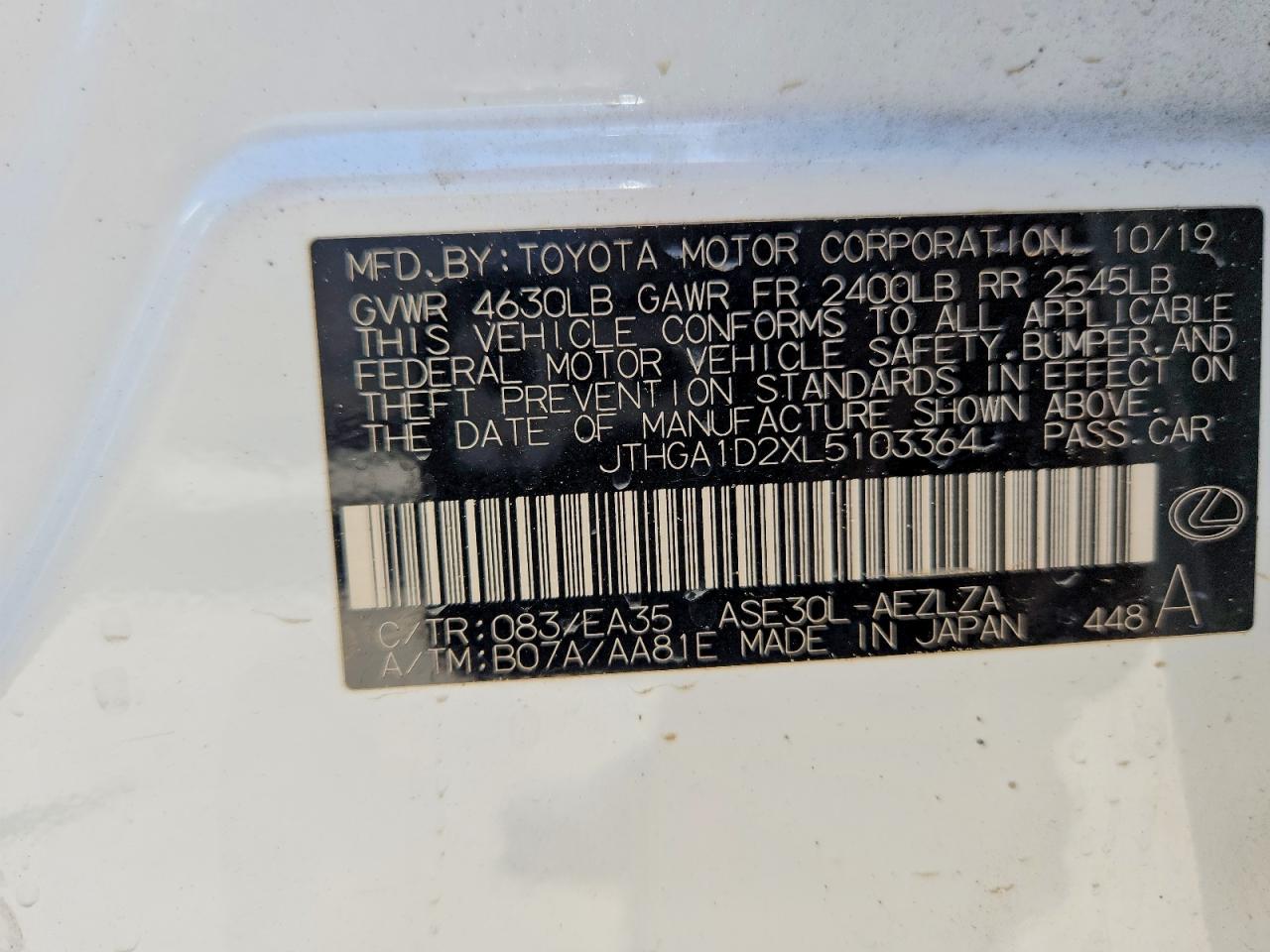 2020 Lexus Is 300 F Sport White vin: JTHGA1D2XL5103364