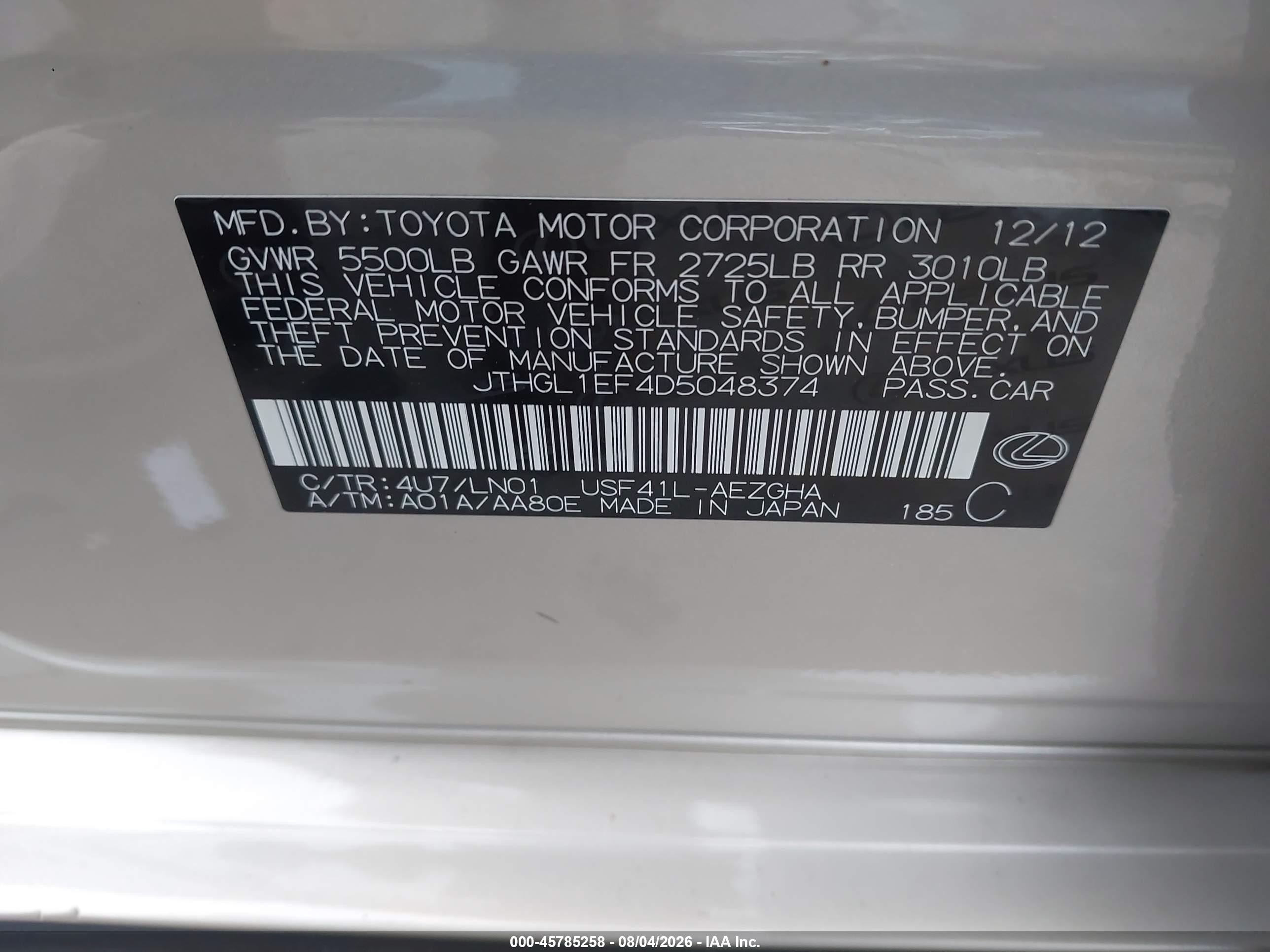 2013 Lexus Ls 460 L Champagne vin: JTHGL1EF4D5048374
