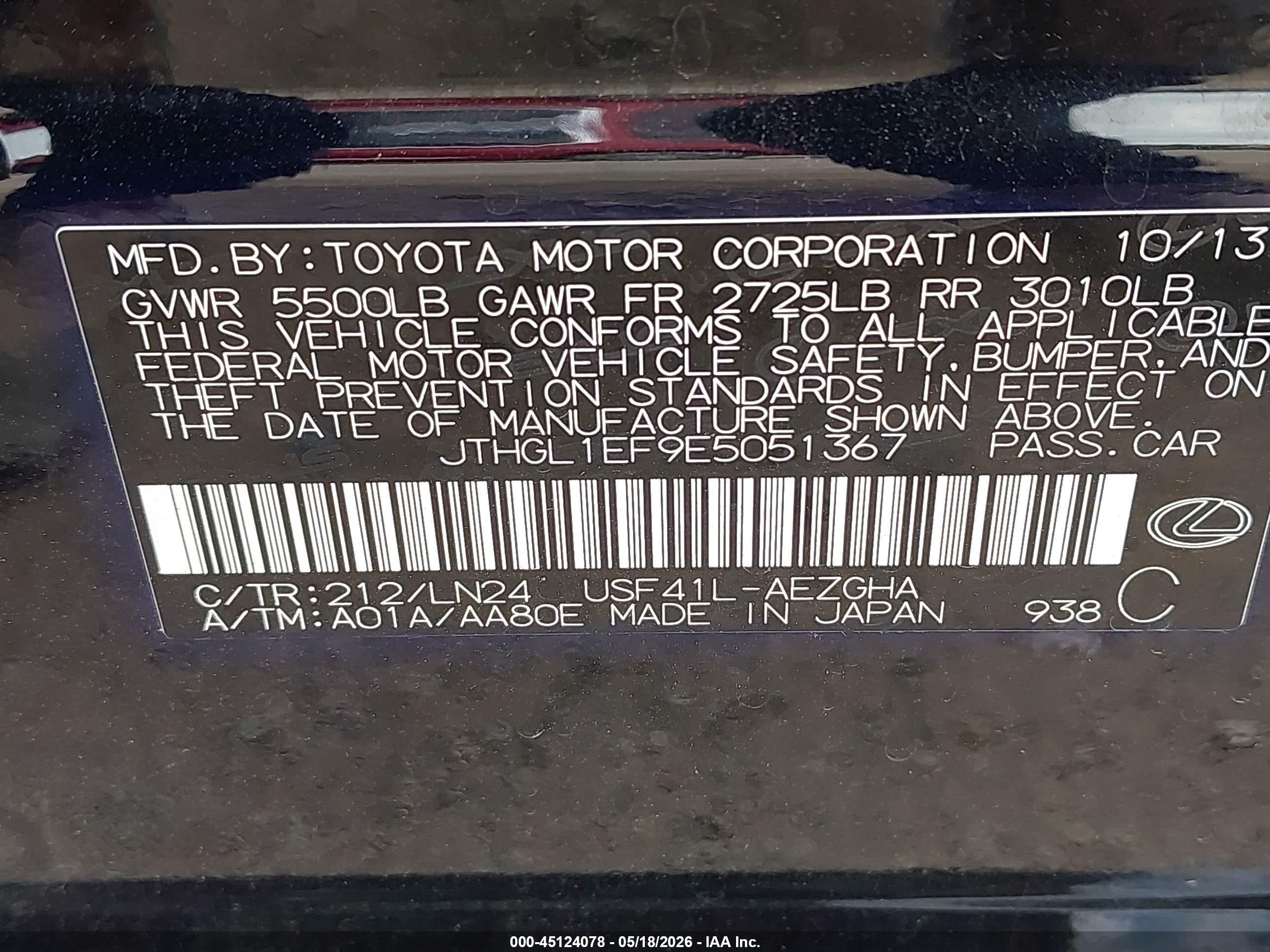 2014 Lexus Ls 460 L Black vin: JTHGL1EF9E5051367