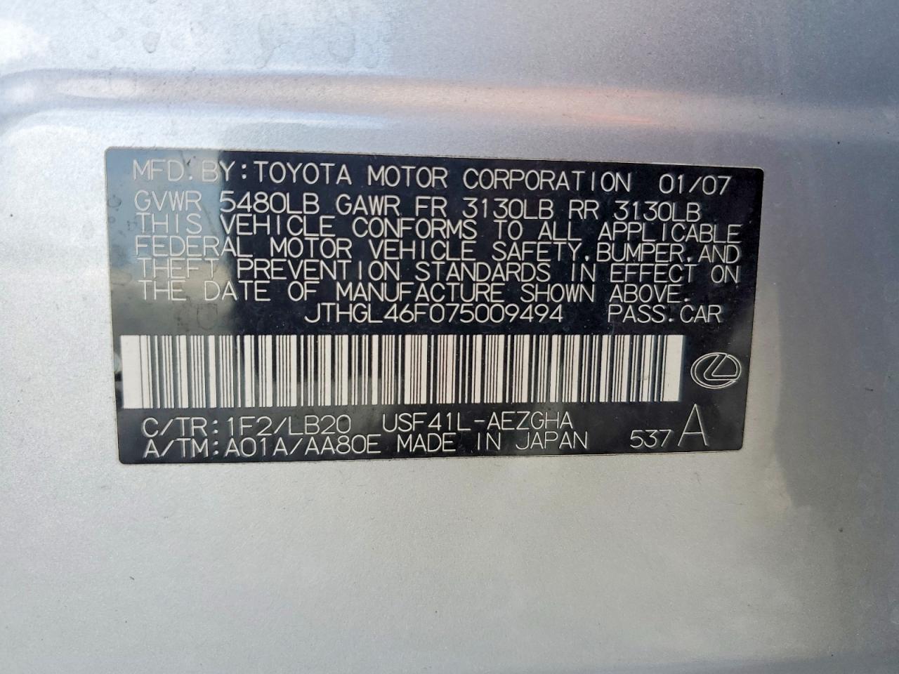 2007 Lexus Ls 460l Silver vin: JTHGL46F075009494
