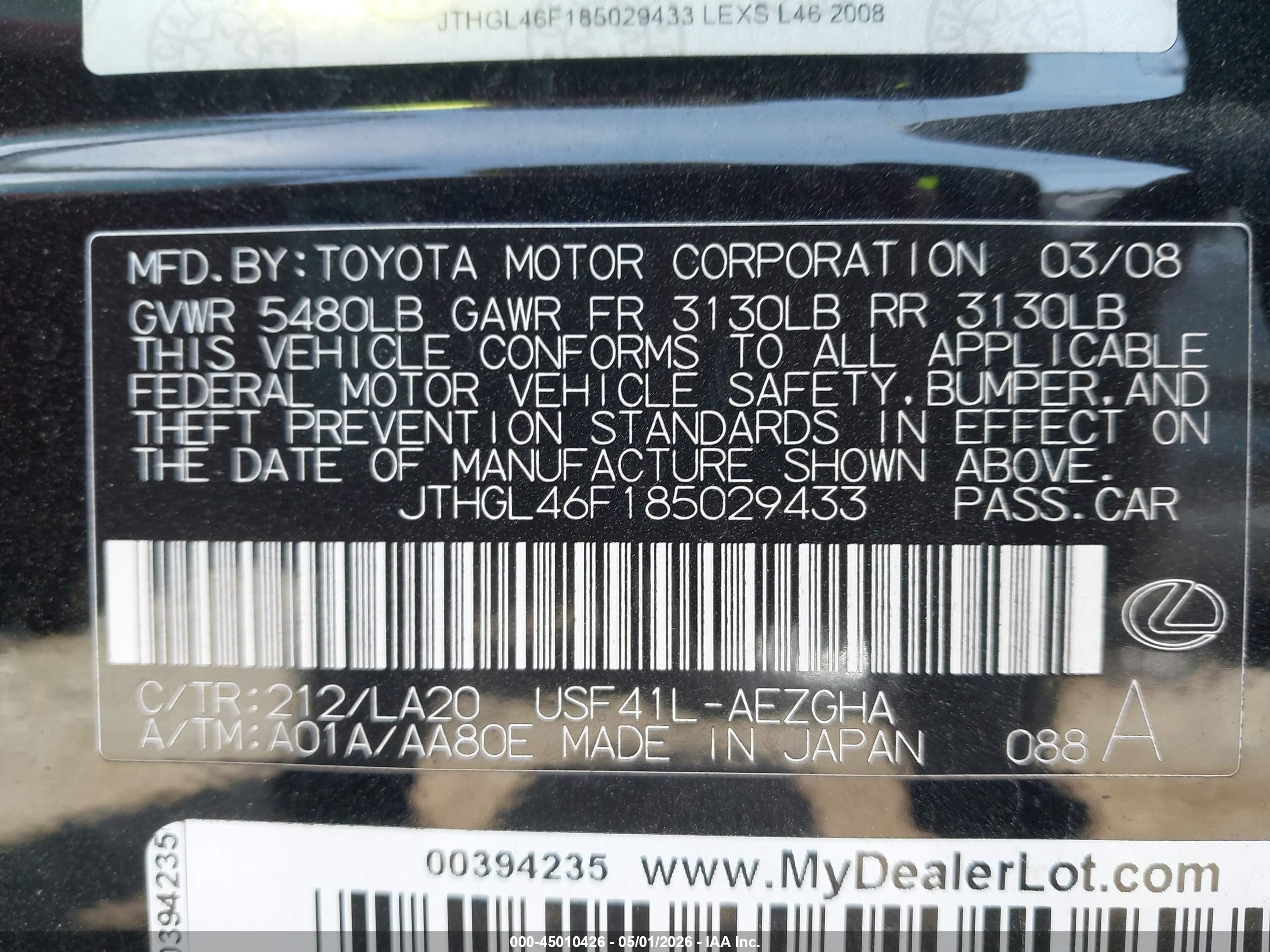 2008 Lexus Ls 460 L Black vin: JTHGL46F185029433
