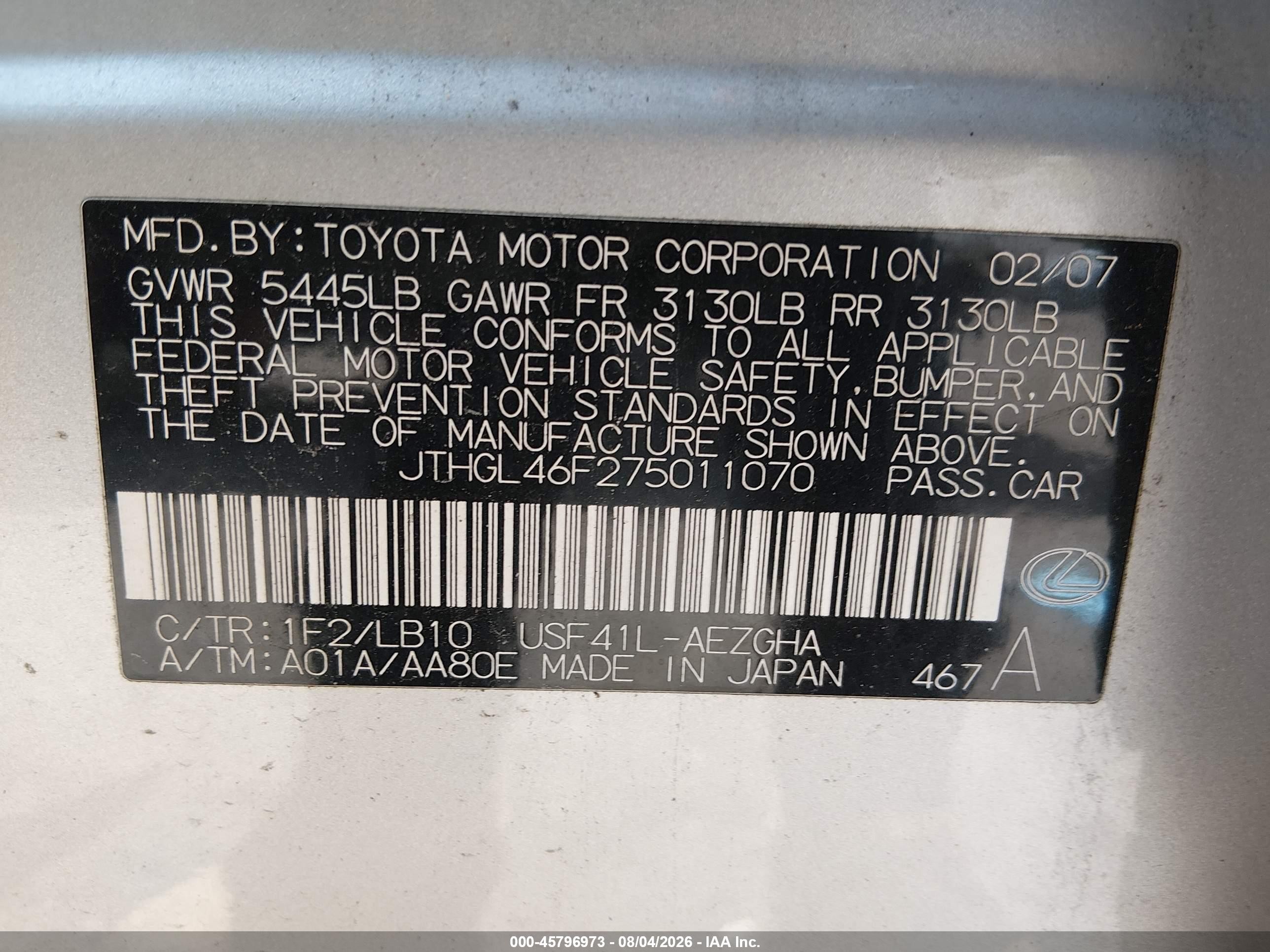 2007 Lexus Ls 460 L Silver vin: JTHGL46F275011070