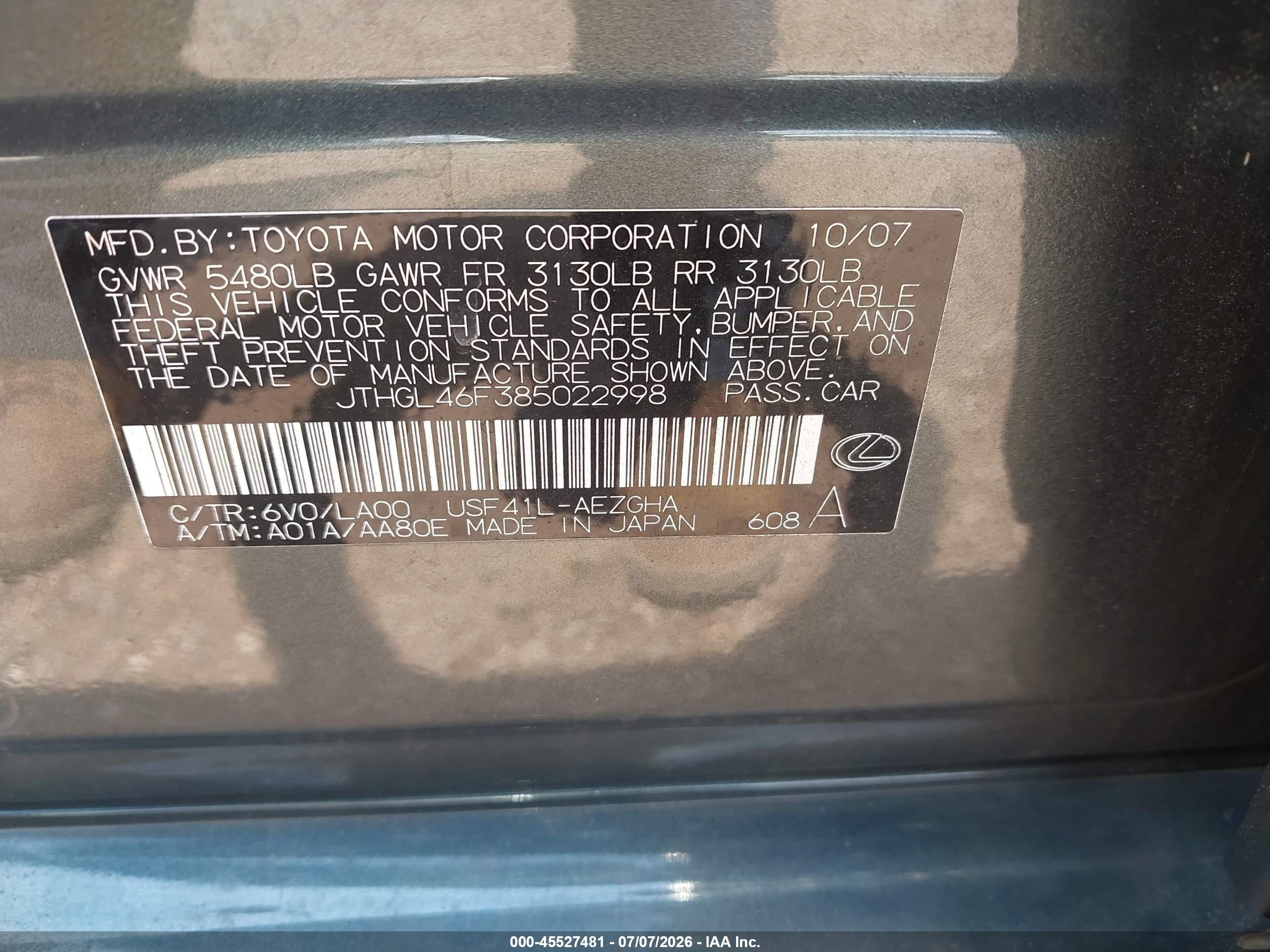 2008 Lexus Ls 460 L Gray vin: JTHGL46F385022998