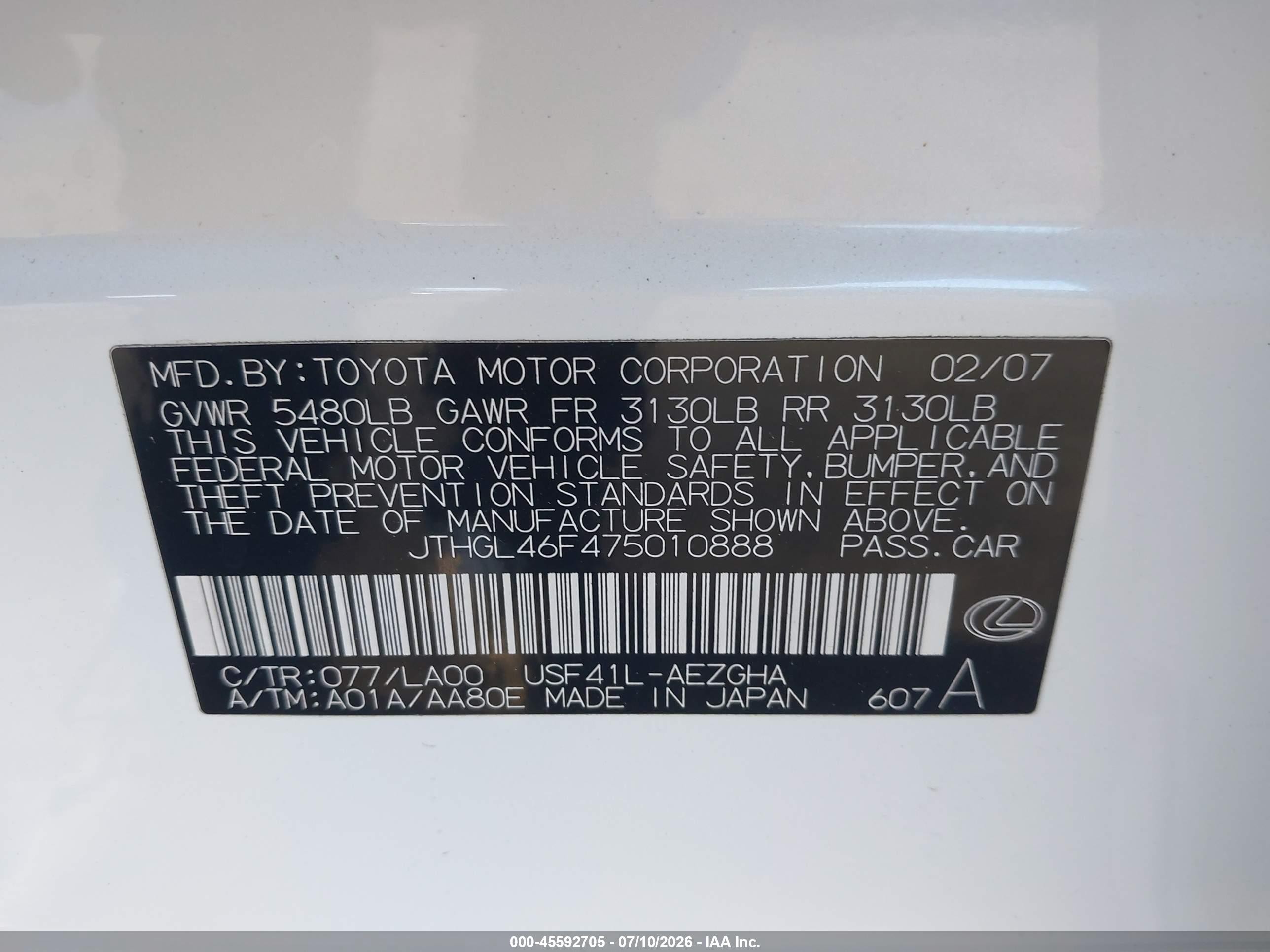 2007 Lexus Ls 460 L White vin: JTHGL46F475010888