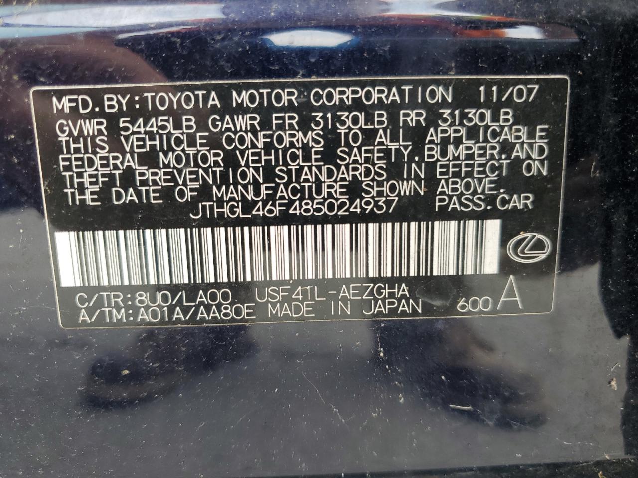 2008 Lexus Ls 460l Black vin: JTHGL46F485024937