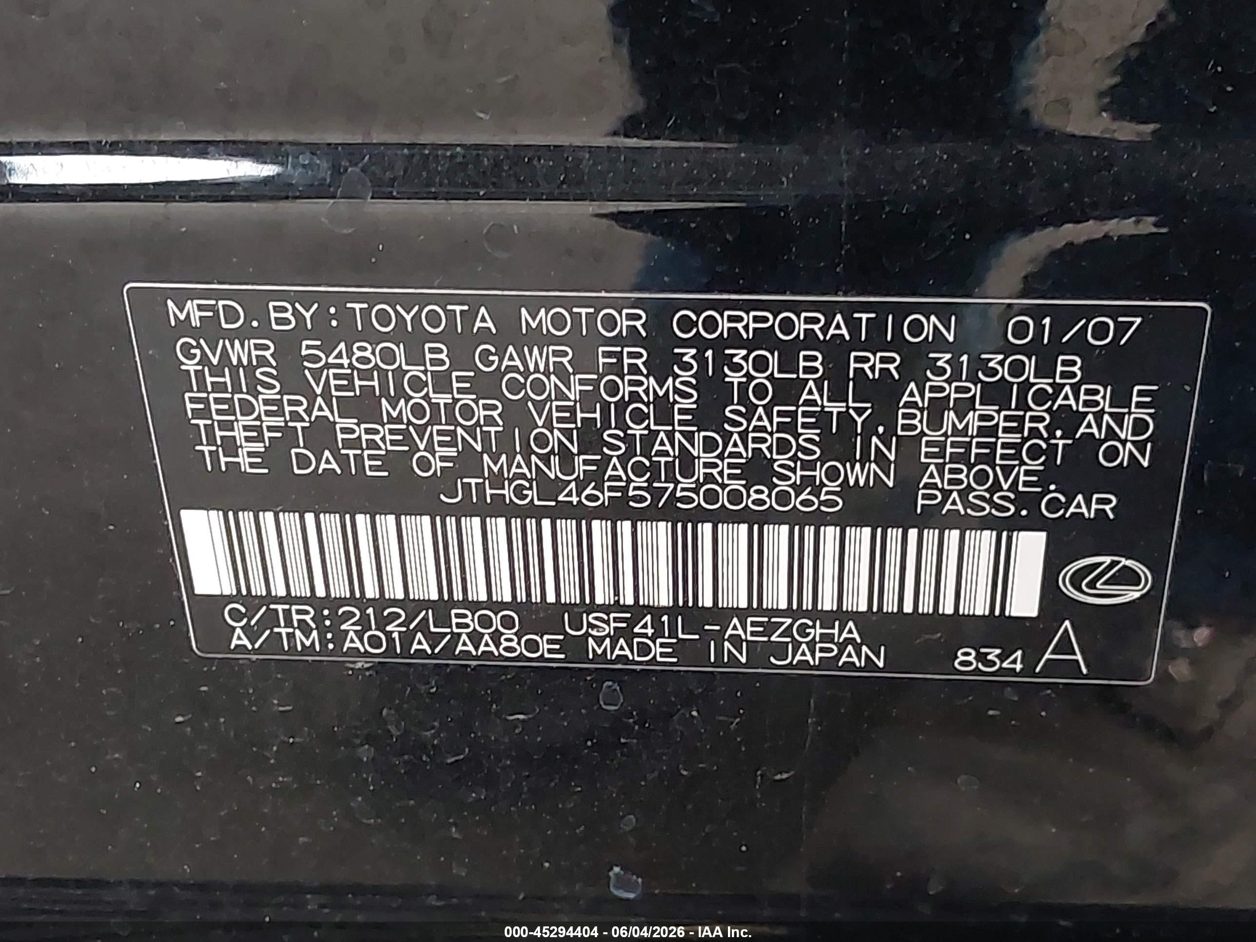 2007 Lexus Ls 460 L Black vin: JTHGL46F575008065