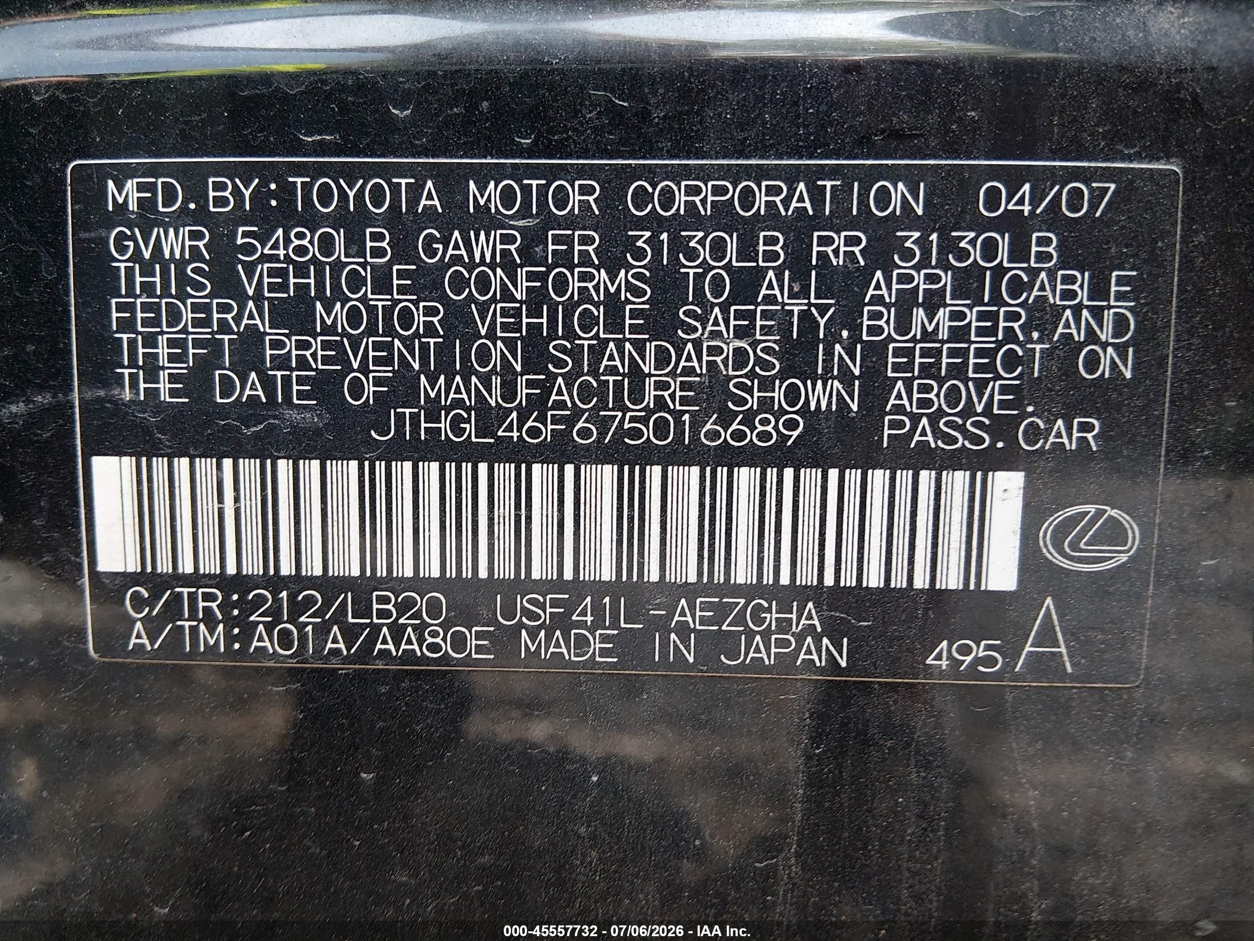 2007 Lexus Ls 460 L Black vin: JTHGL46F675016689