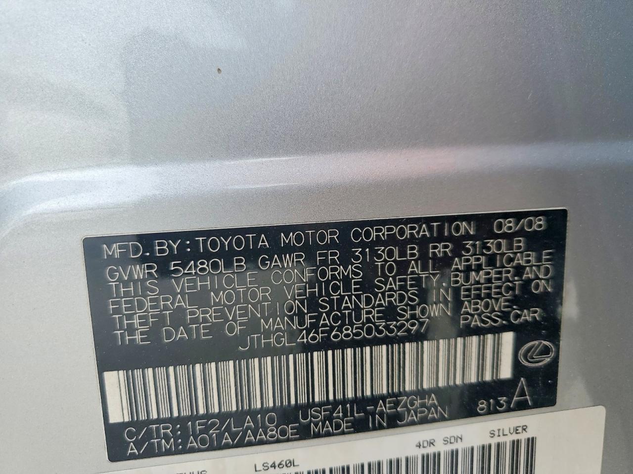 2008 Lexus Ls 460l Silver vin: JTHGL46F685033297