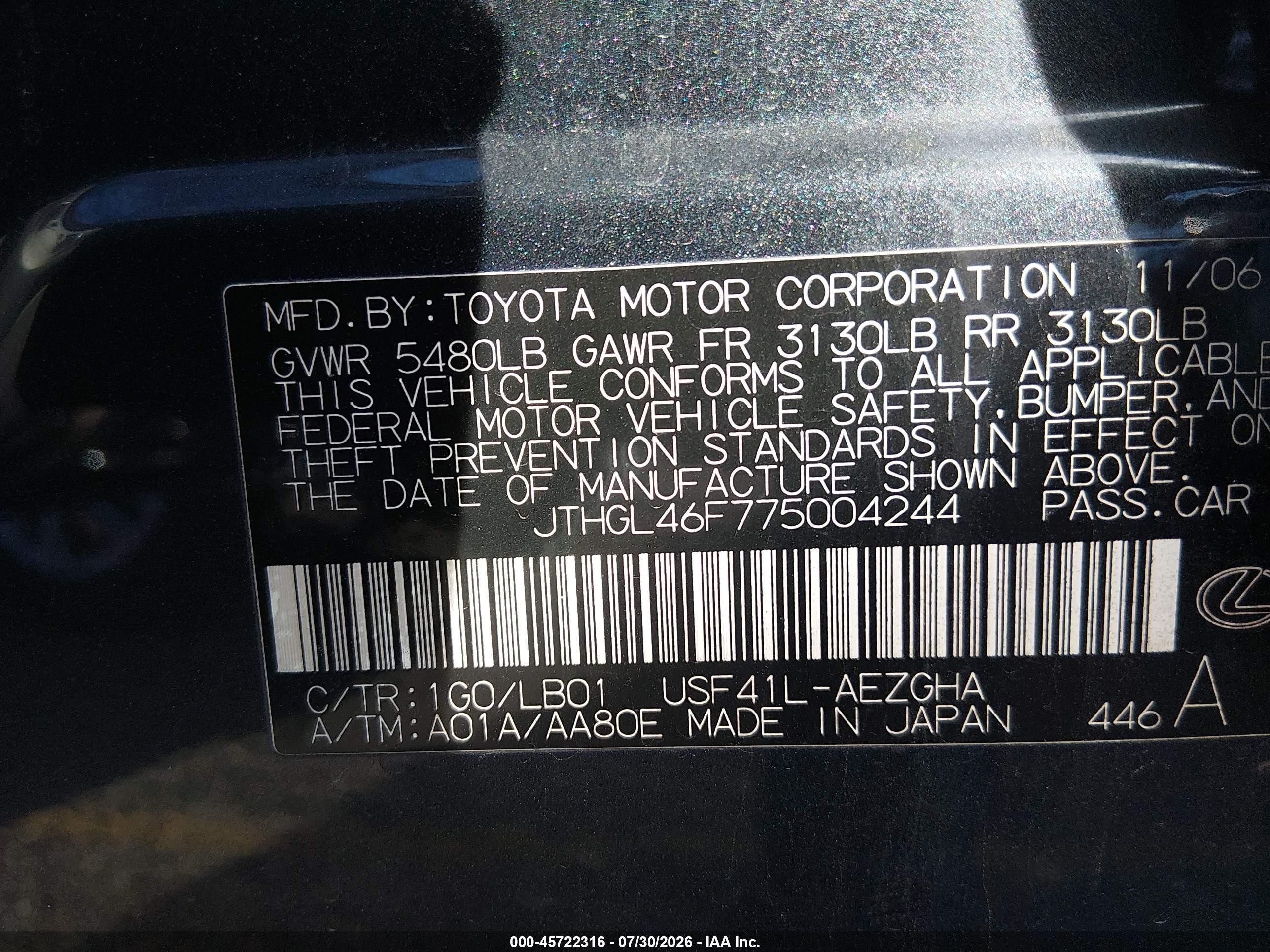 2007 Lexus Ls 460 L Black vin: JTHGL46F775004244