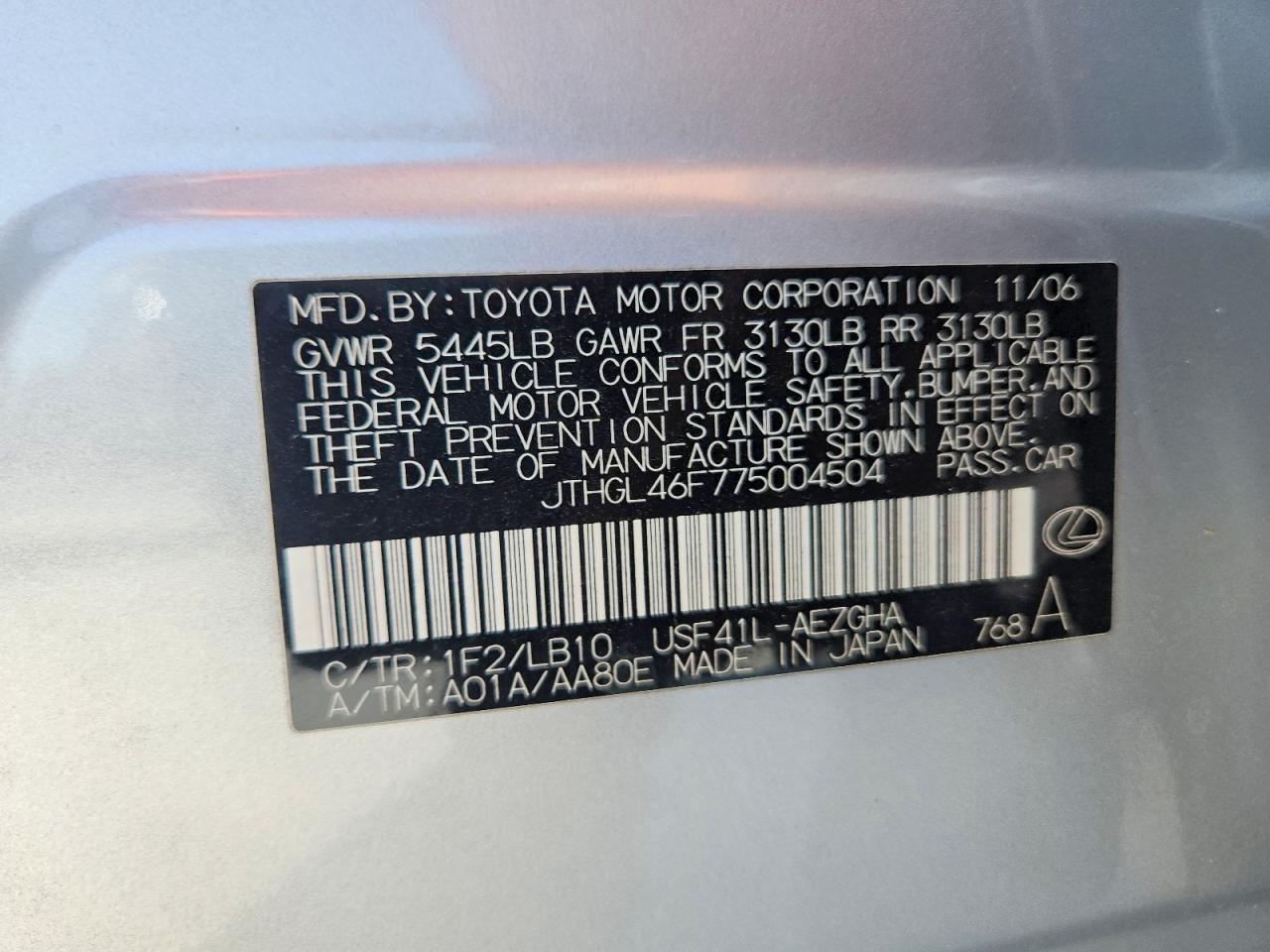 2007 Lexus Ls 460l Silver vin: JTHGL46F775004504