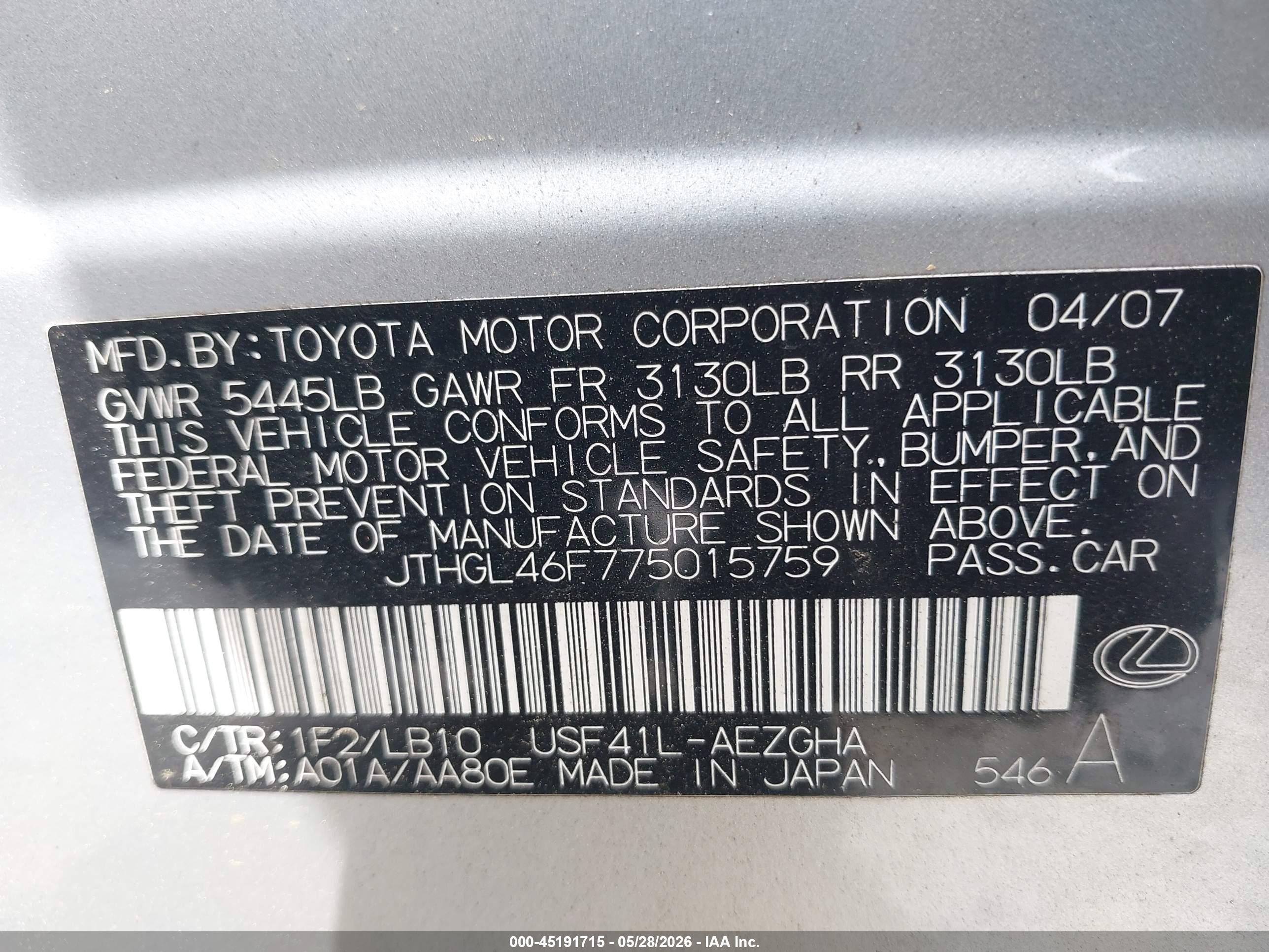 2007 Lexus Ls 460 L Silver vin: JTHGL46F775015759