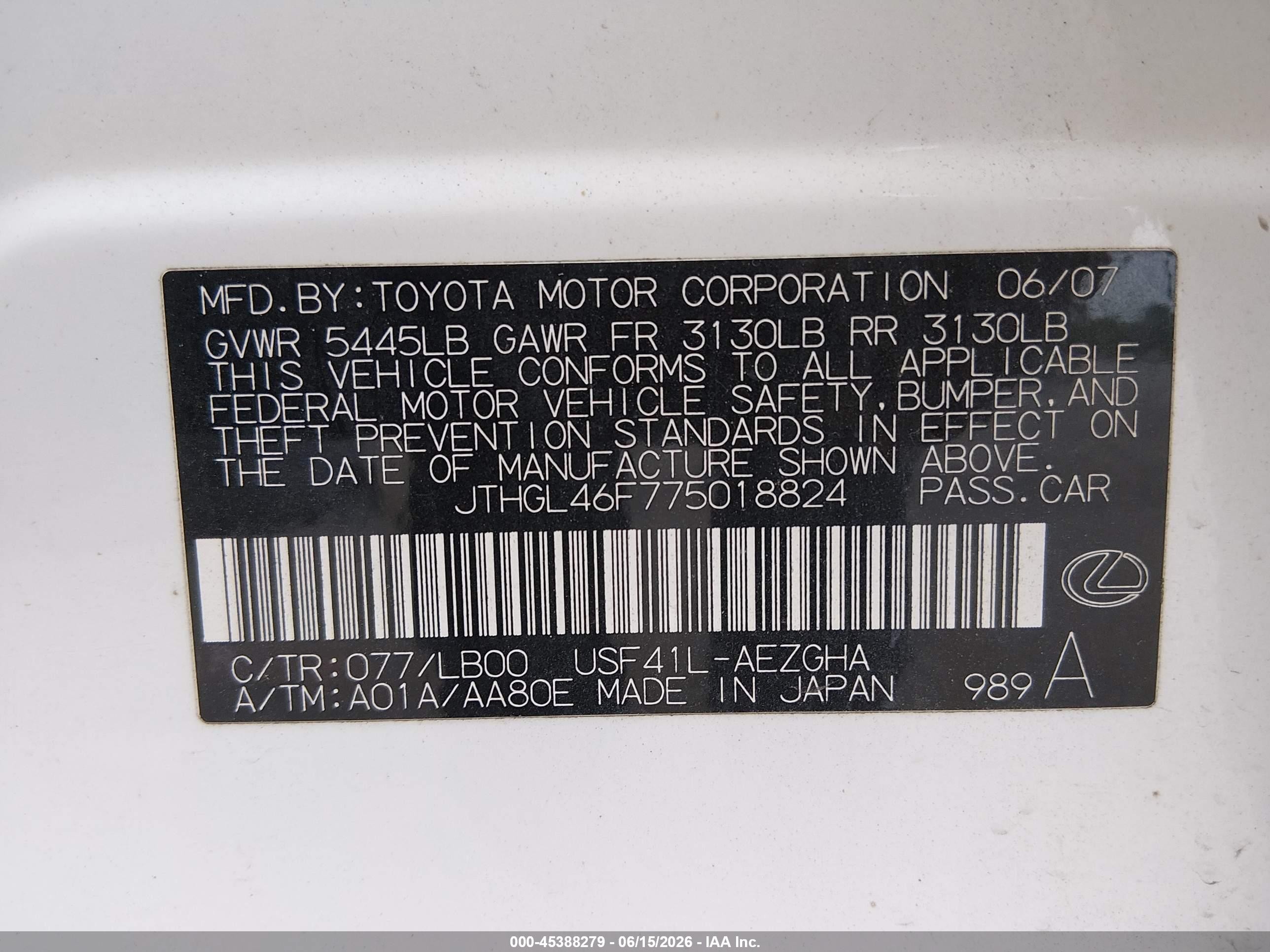 2007 Lexus Ls 460 L White vin: JTHGL46F775018824