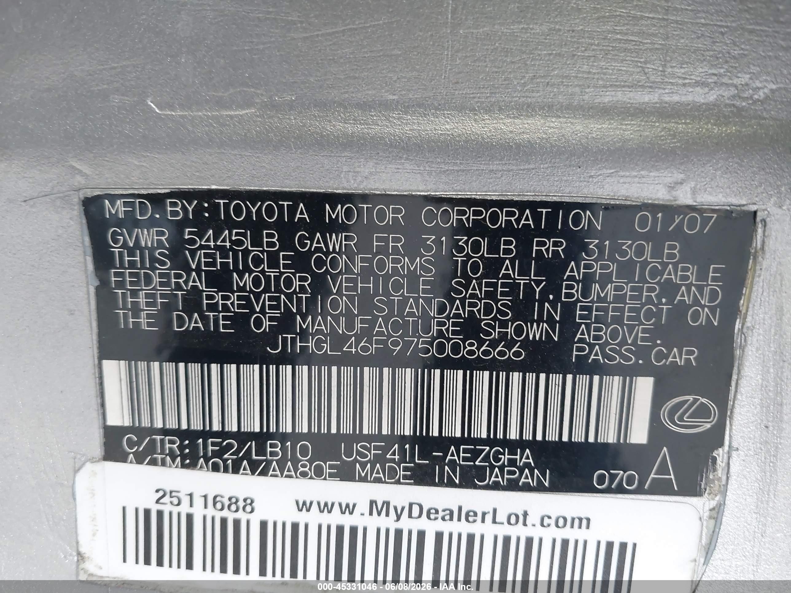 2007 Lexus Ls 460 L Silver vin: JTHGL46F975008666