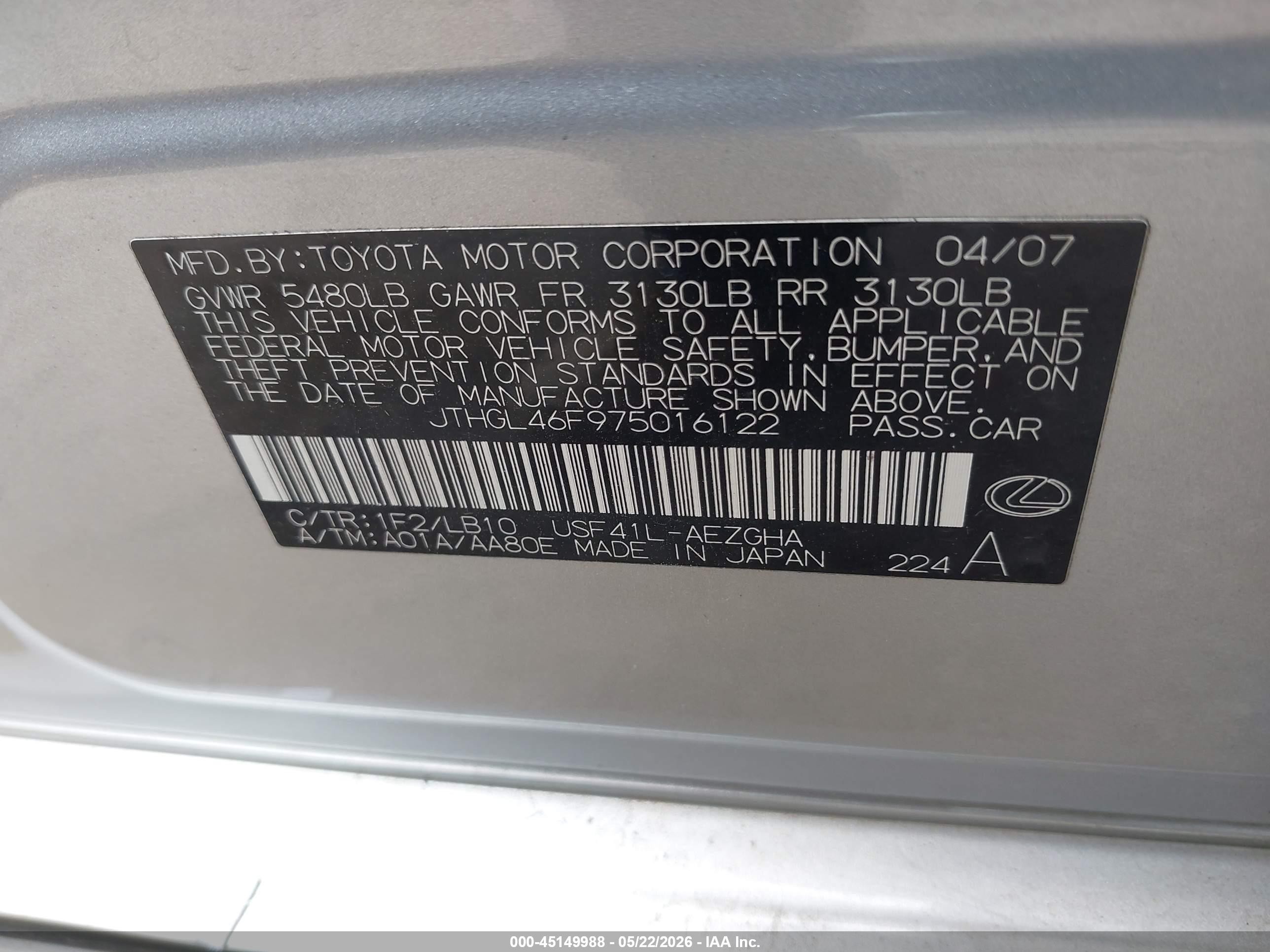 2007 Lexus Ls 460 L Silver vin: JTHGL46F975016122