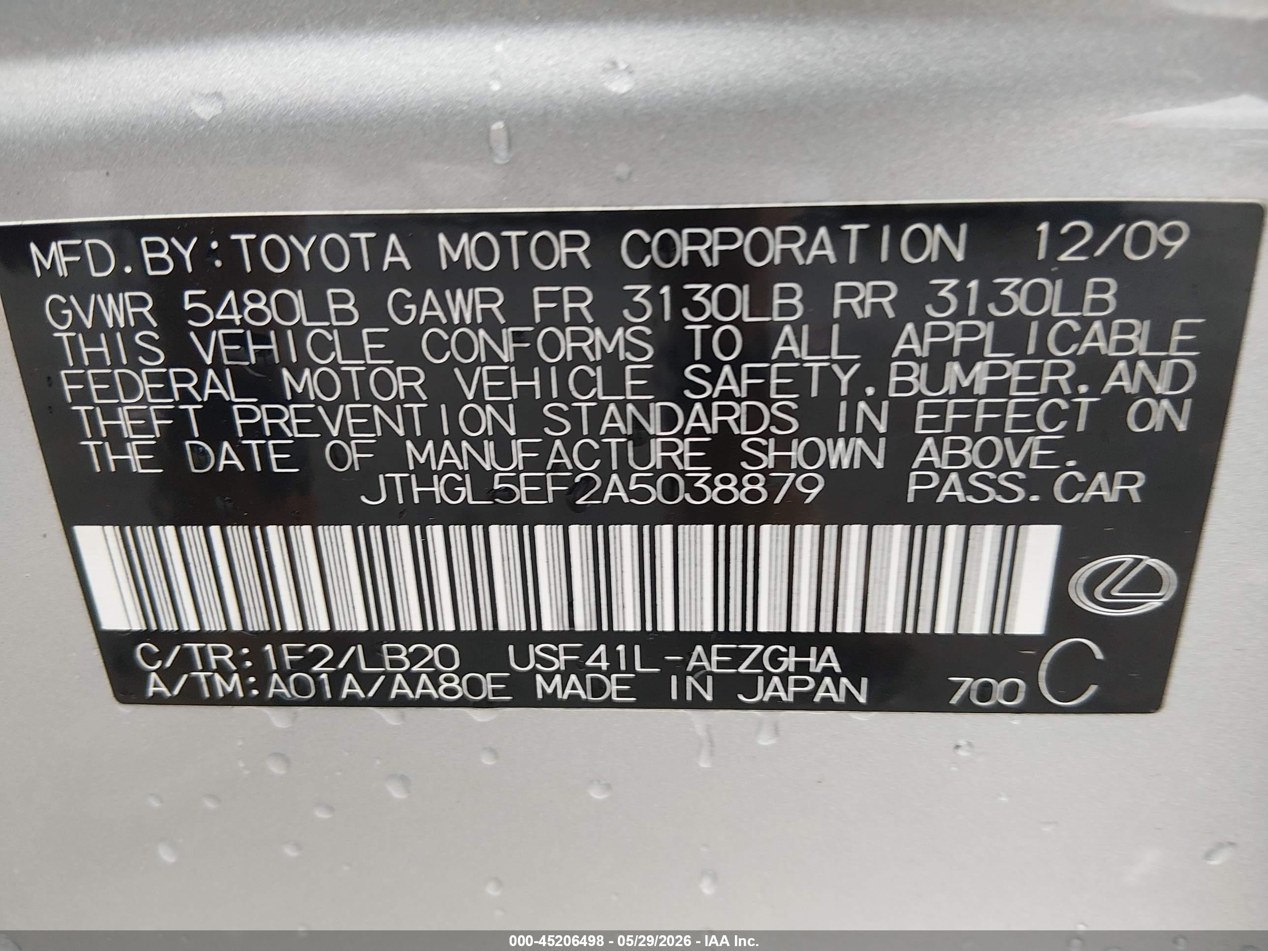 2010 Lexus Ls 460 L Silver vin: JTHGL5EF2A5038879