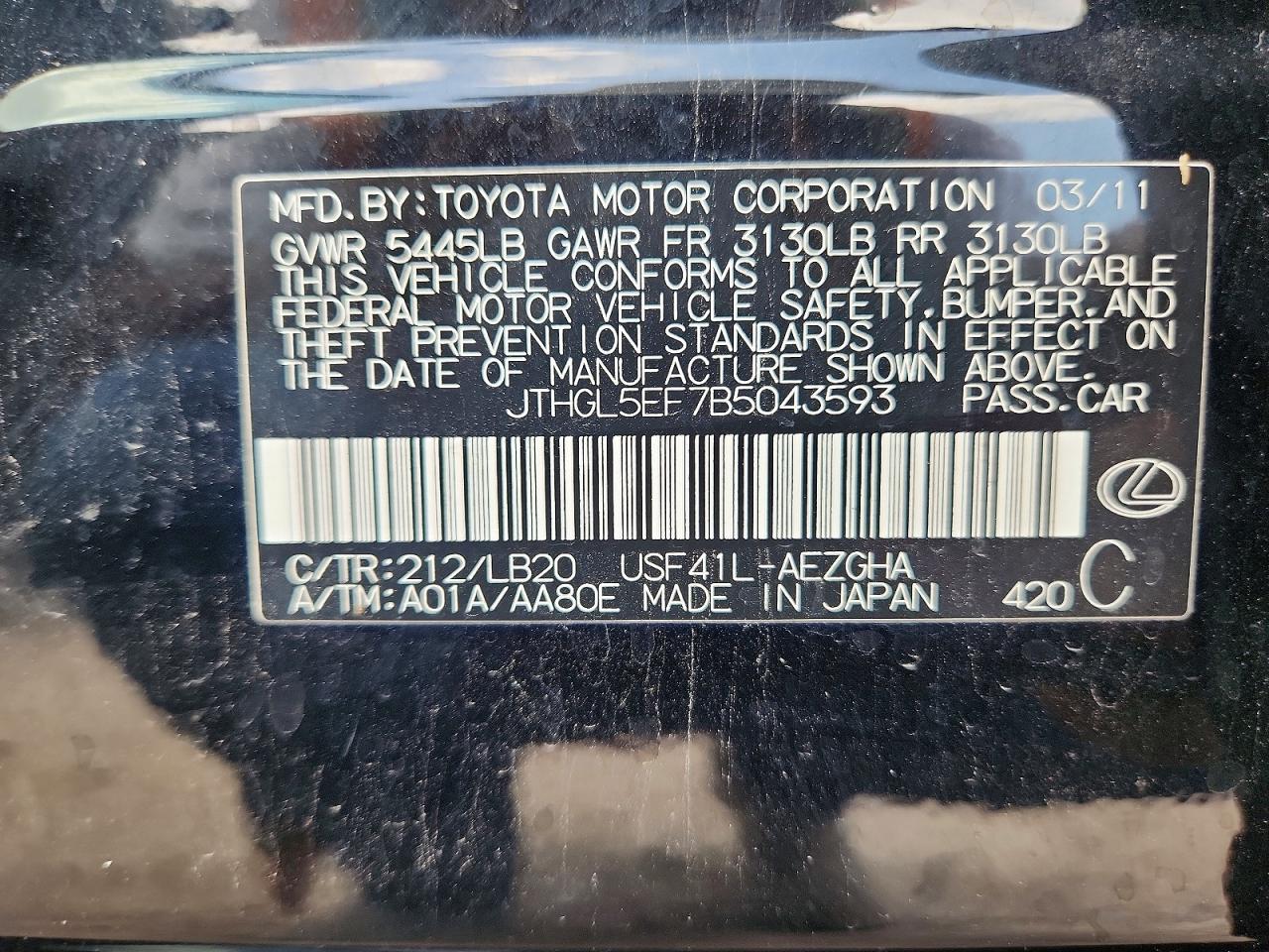 2011 Lexus Ls 460l Black vin: JTHGL5EF7B5043593