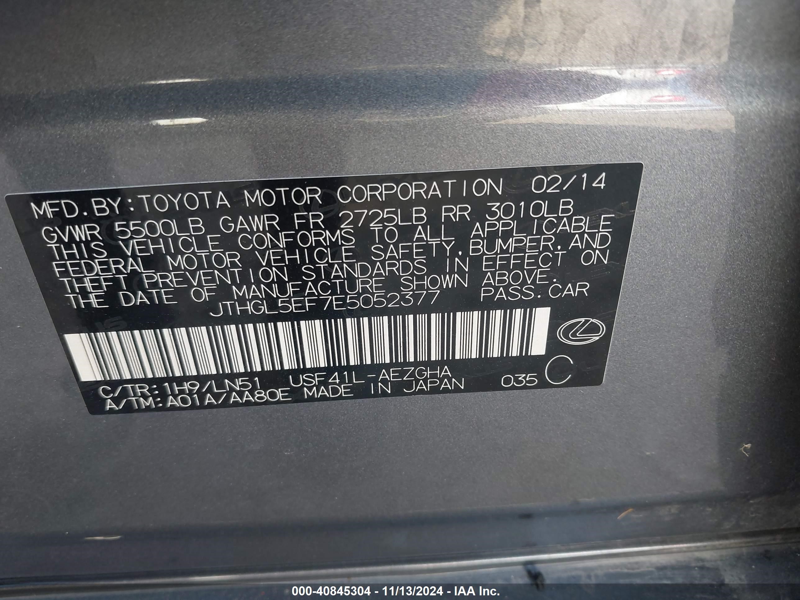 2014 Lexus Ls 460 L Gray vin: JTHGL5EF7E5052377