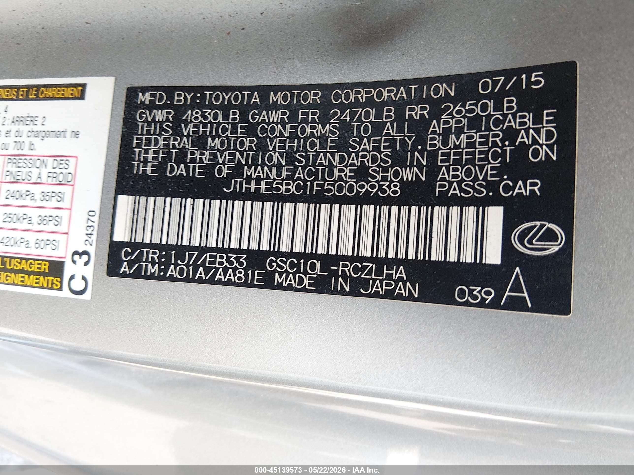 2015 Lexus Rc 350   Silver vin: JTHHE5BC1F5009938