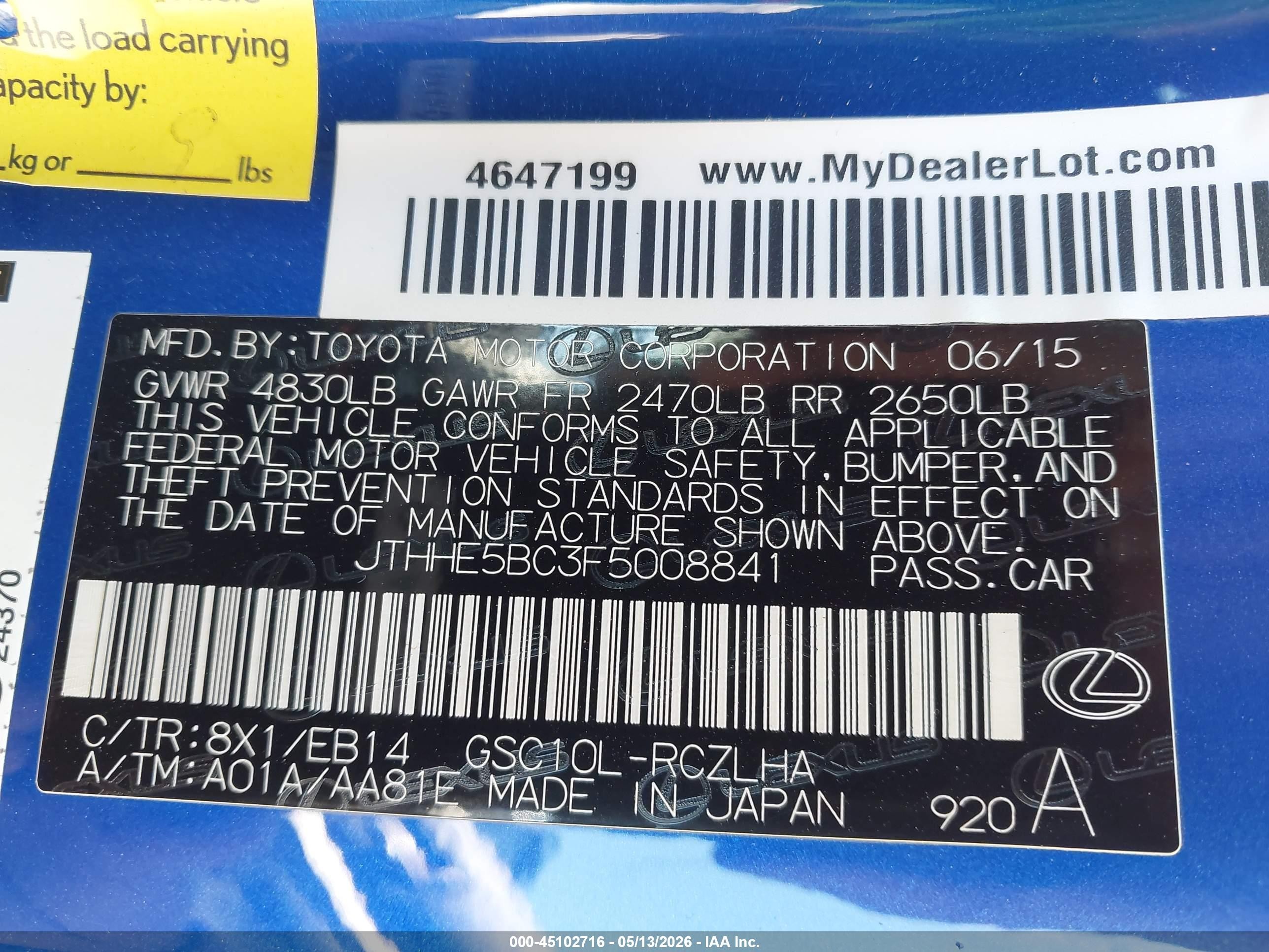 2015 Lexus Rc 350   Blue vin: JTHHE5BC3F5008841