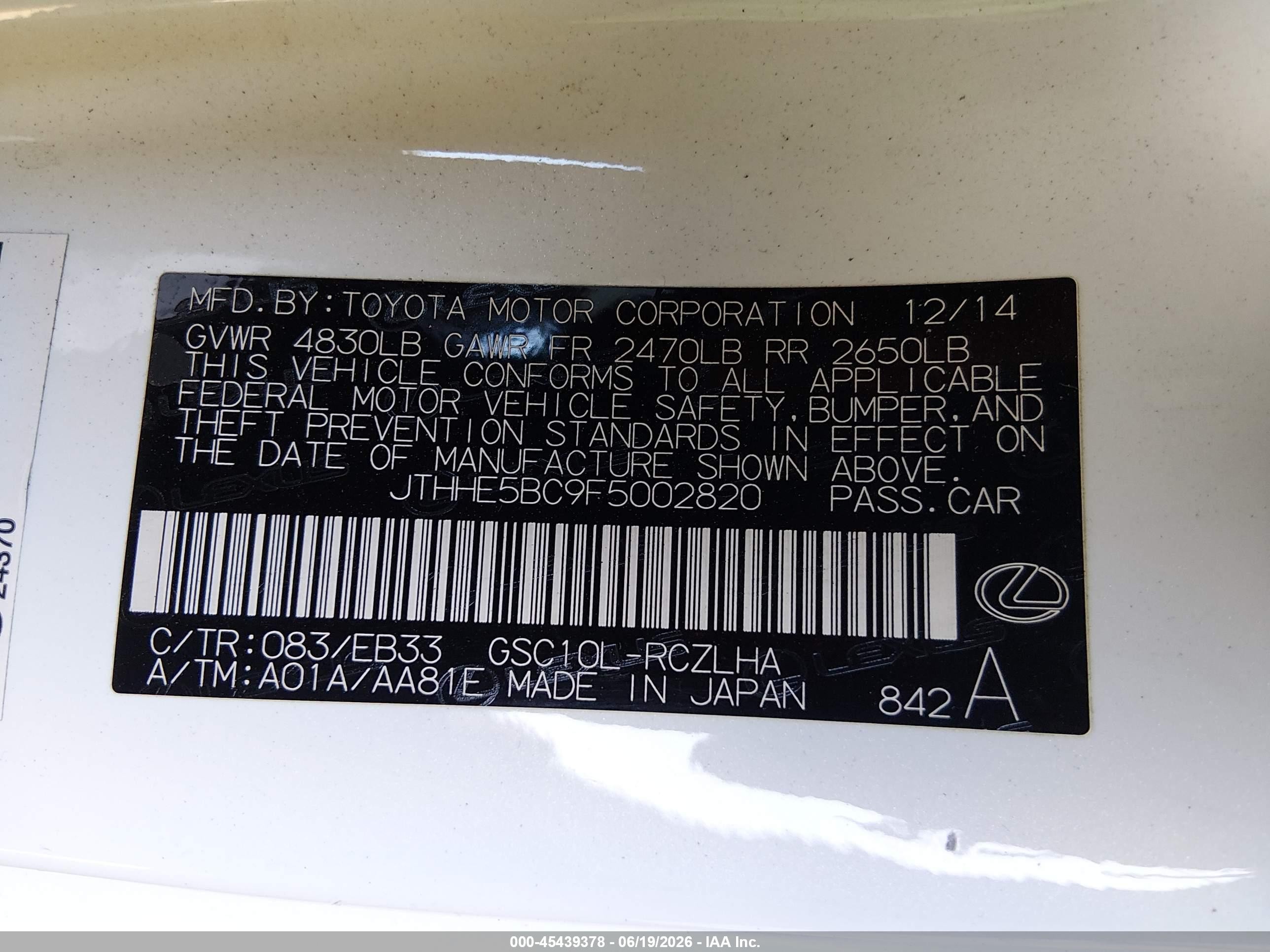 2015 Lexus Rc 350   White vin: JTHHE5BC9F5002820
