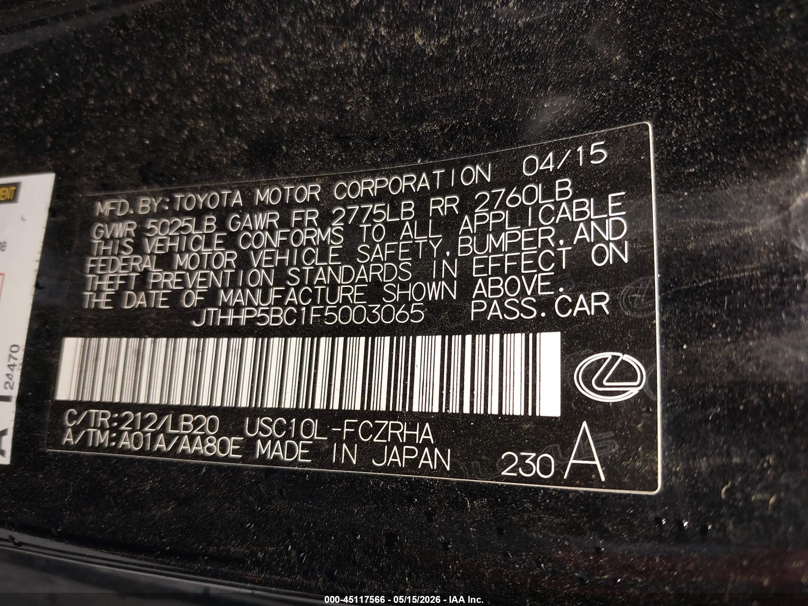 2015 Lexus Rc F Black vin: JTHHP5BC1F5003065