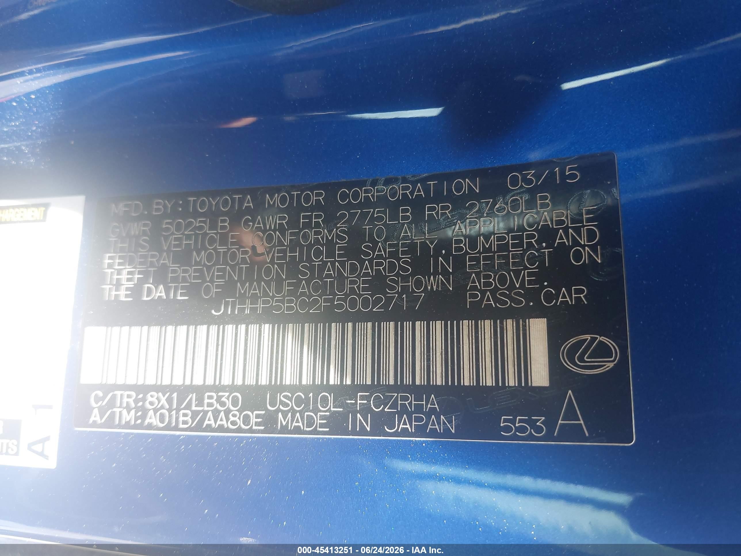 2015 Lexus Rc F   Blue vin: JTHHP5BC2F5002717