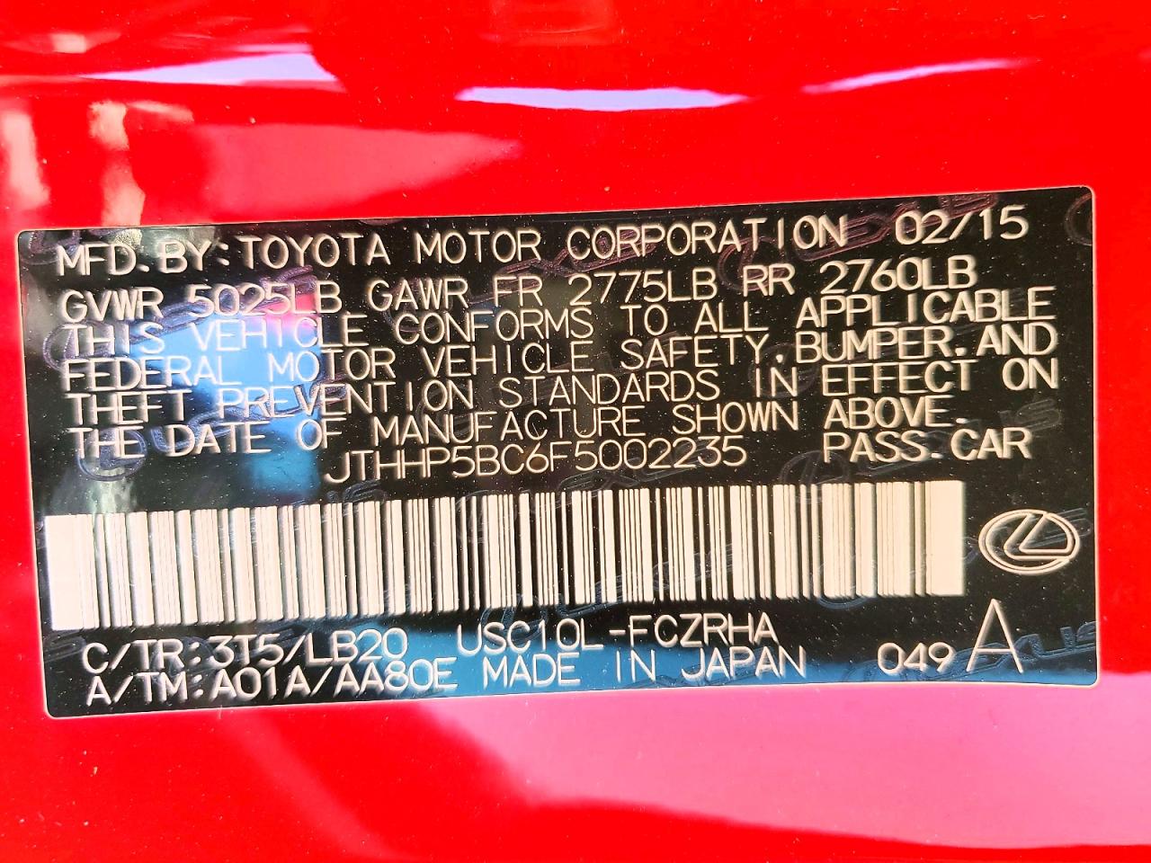 2015 Lexus Rc F Base Red vin: JTHHP5BC6F5002235