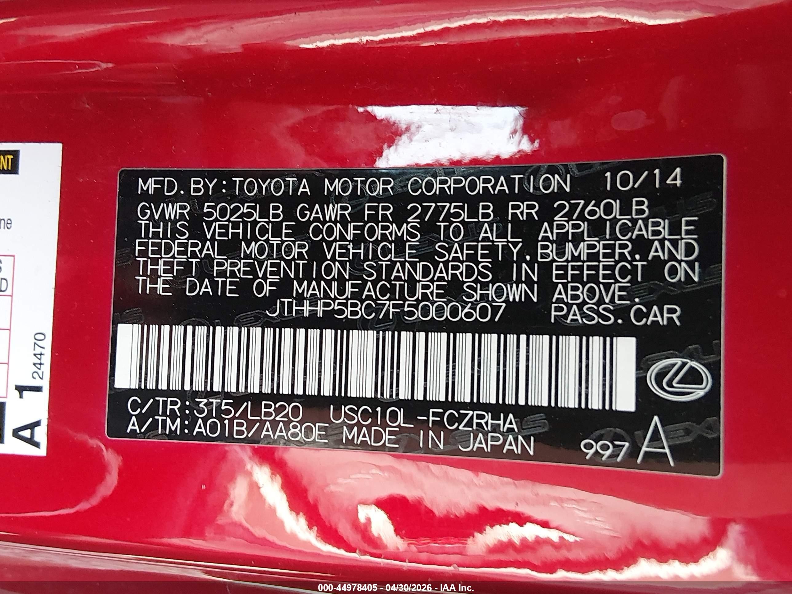 2015 Lexus Rc F   Red vin: JTHHP5BC7F5000607