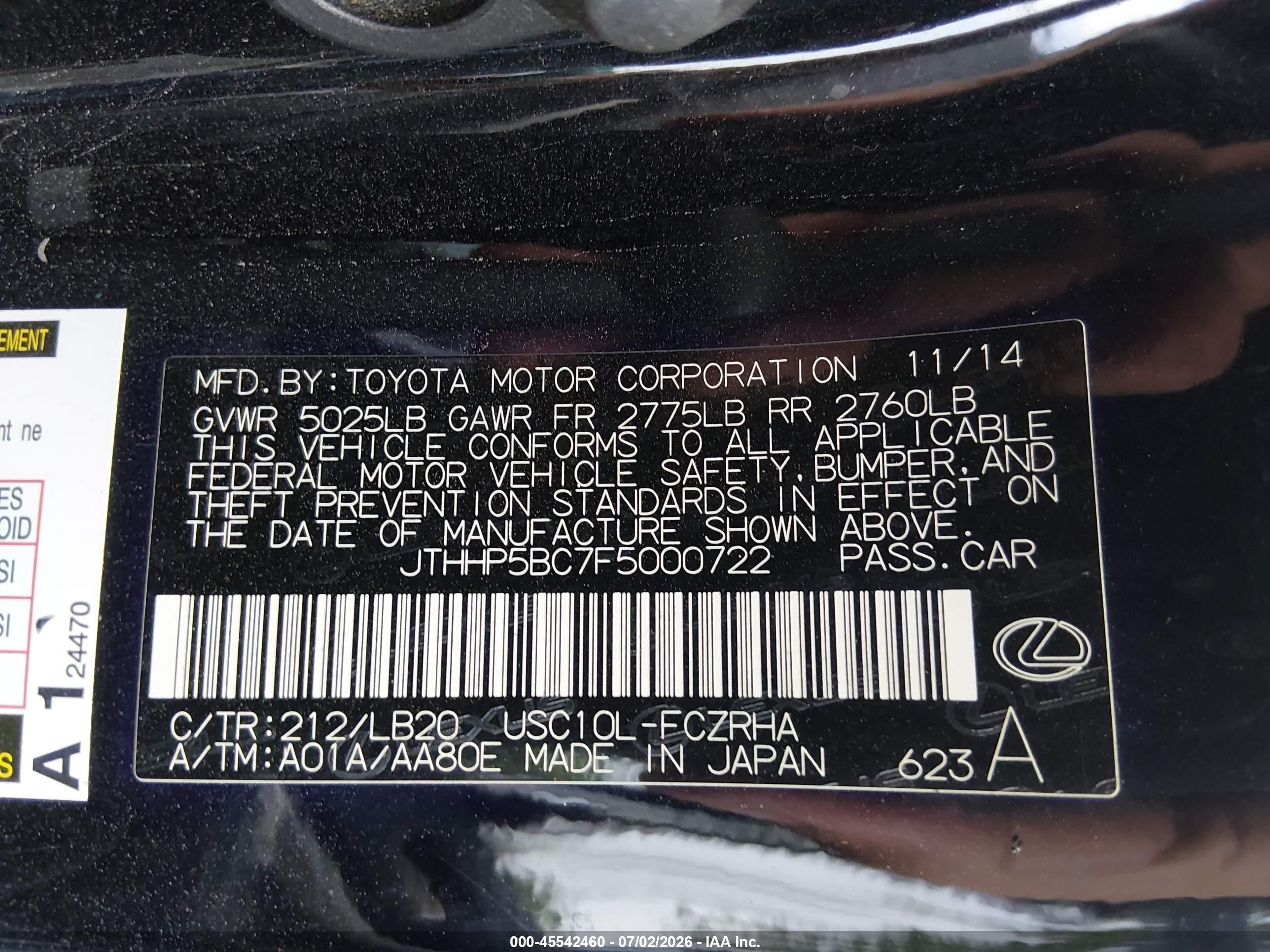 2015 Lexus Rc F   Black vin: JTHHP5BC7F5000722