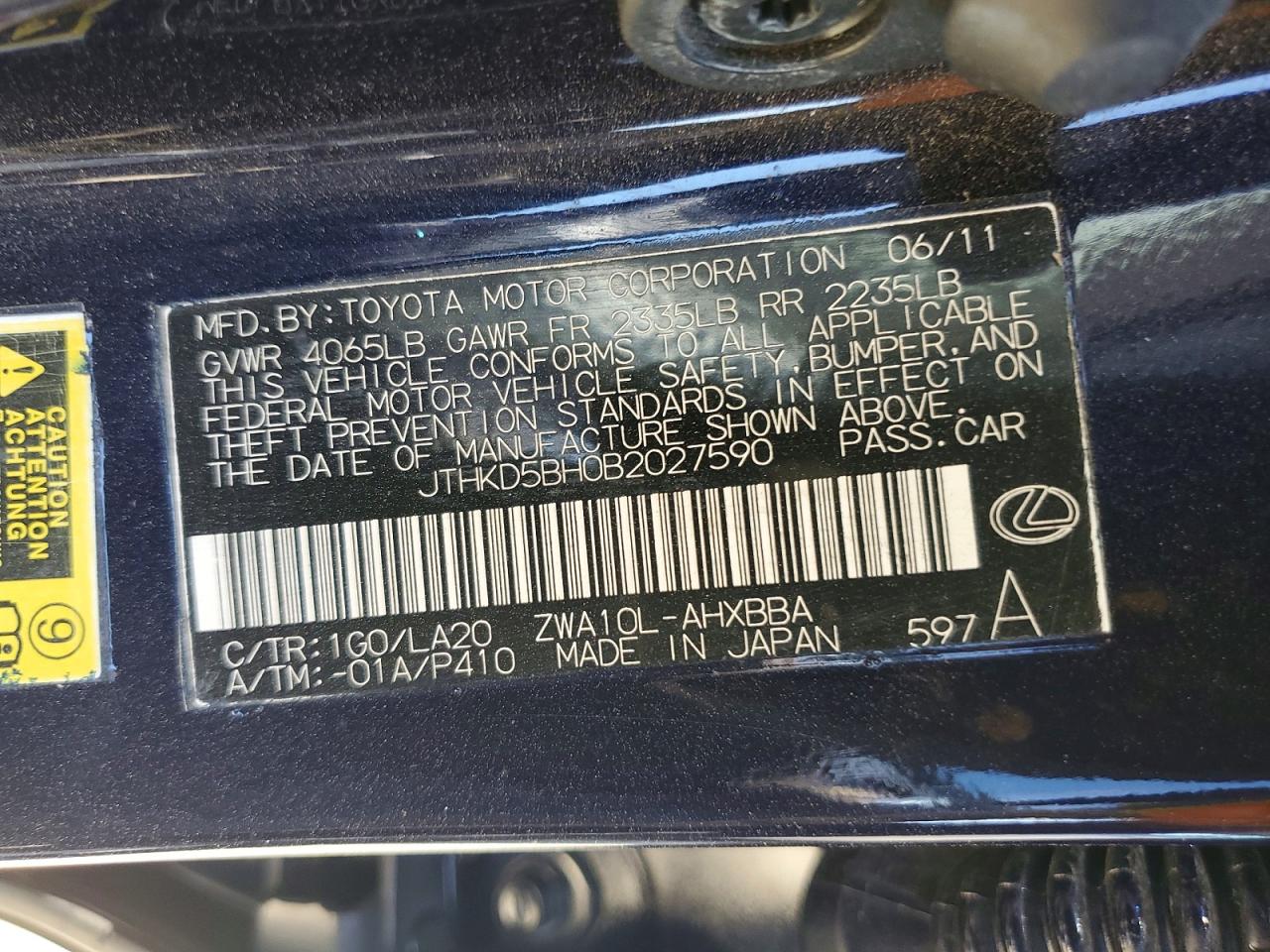 2011 Lexus Ct 200 Blue vin: JTHKD5BH0B2027590