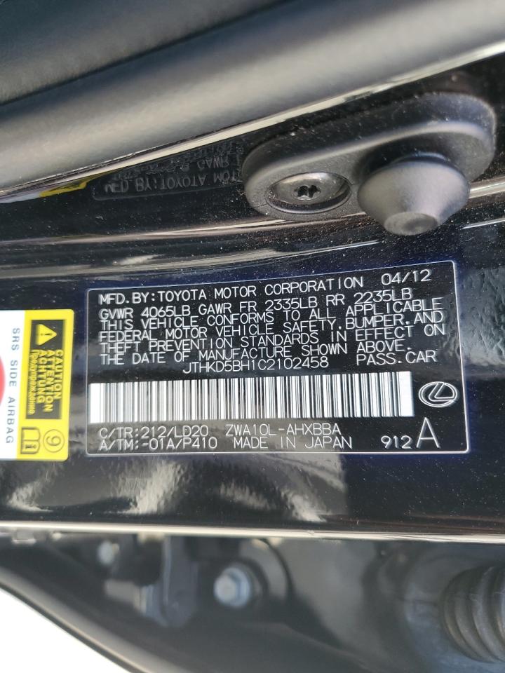 2012 Lexus Ct 200 Black vin: JTHKD5BH1C2102458