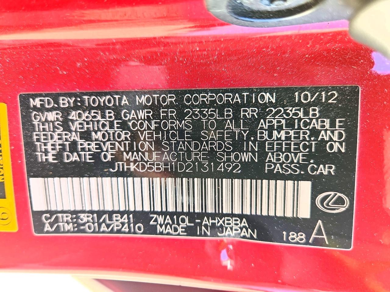 2013 Lexus Ct 200h Red vin: JTHKD5BH1D2131492