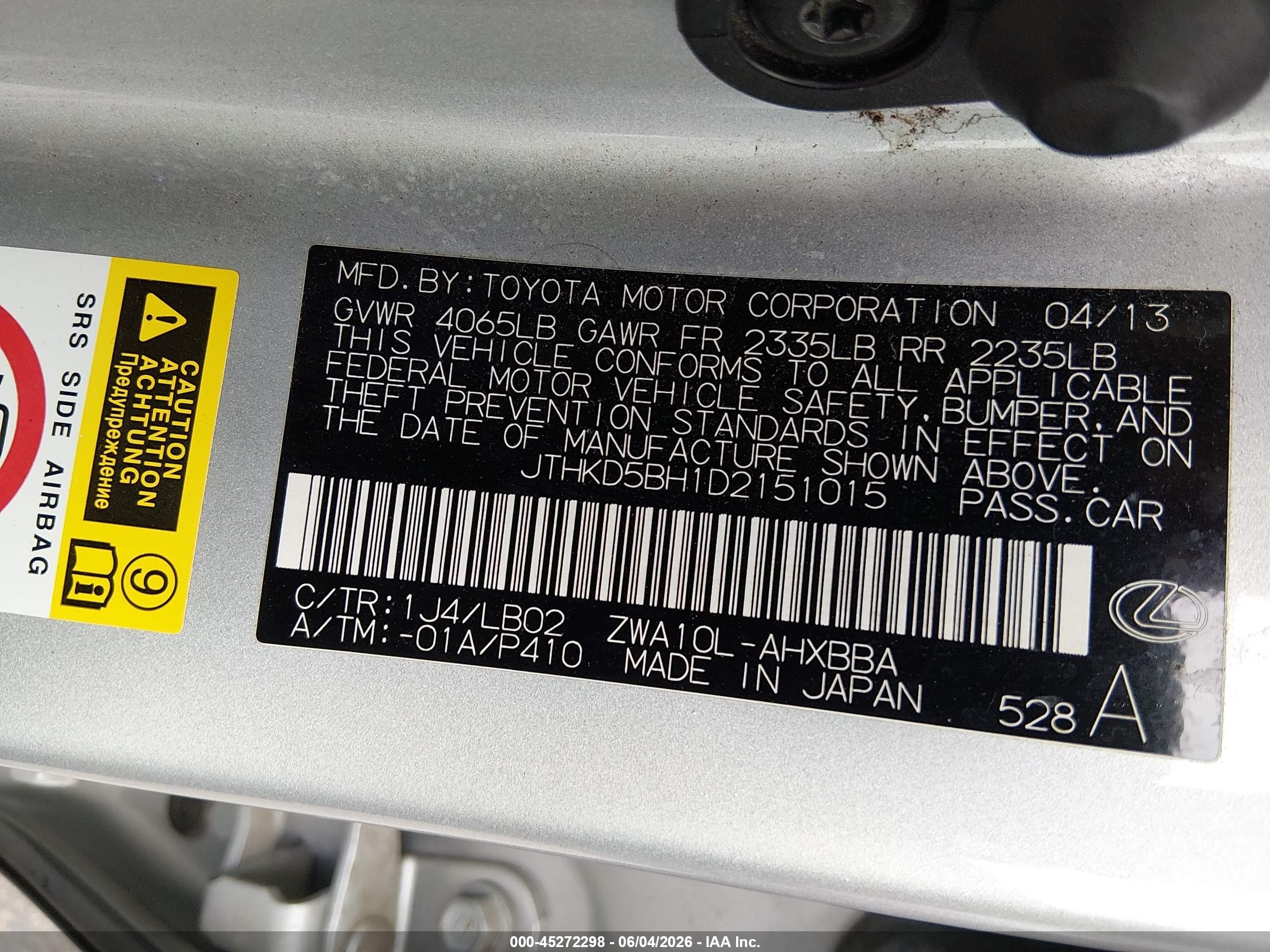 2013 Lexus Ct 200h   Silver vin: JTHKD5BH1D2151015