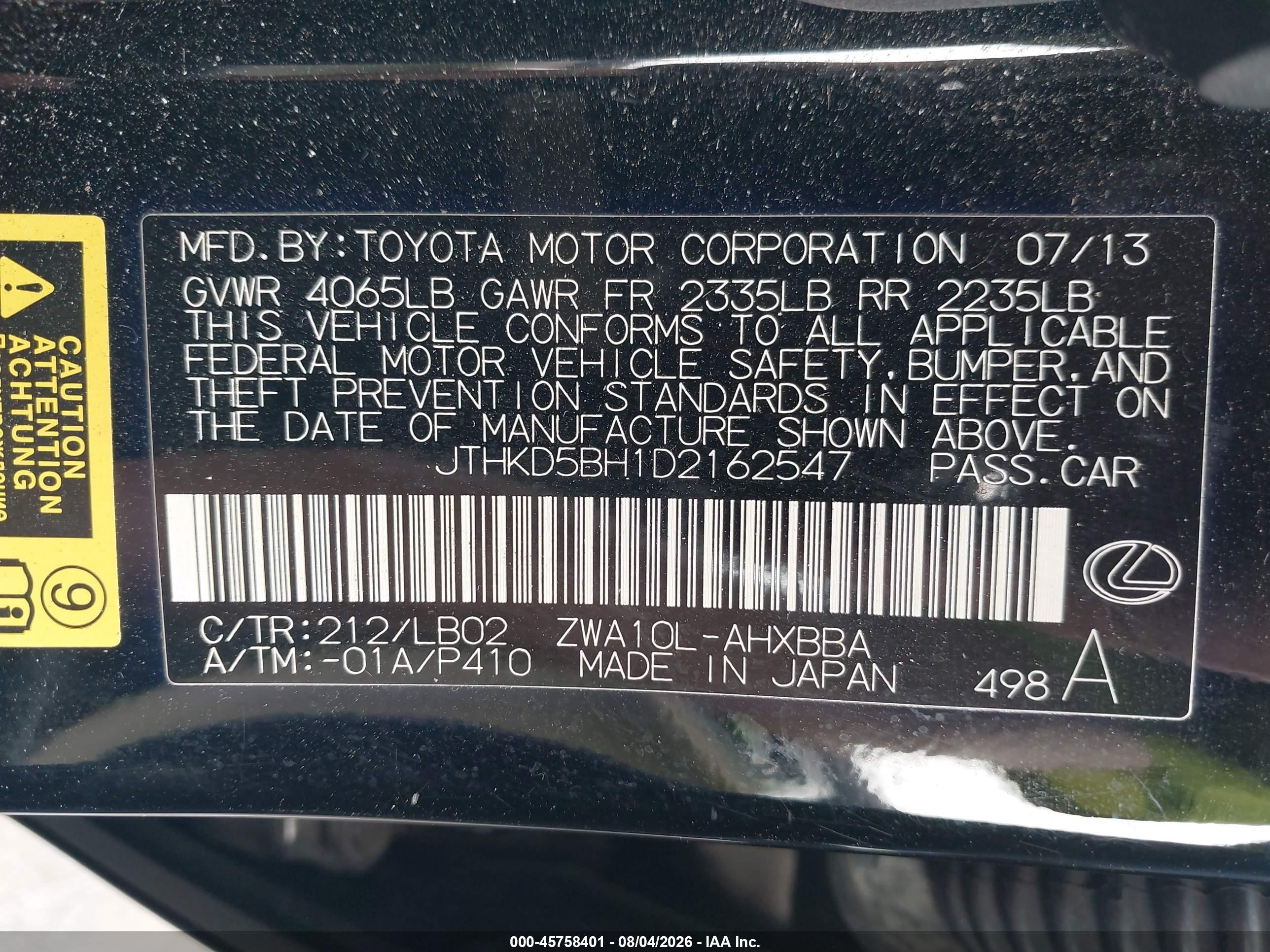 2013 Lexus Ct 200h   Black vin: JTHKD5BH1D2162547