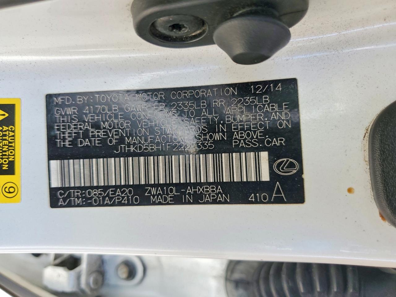 2015 Lexus Ct 200 White vin: JTHKD5BH1F2227335