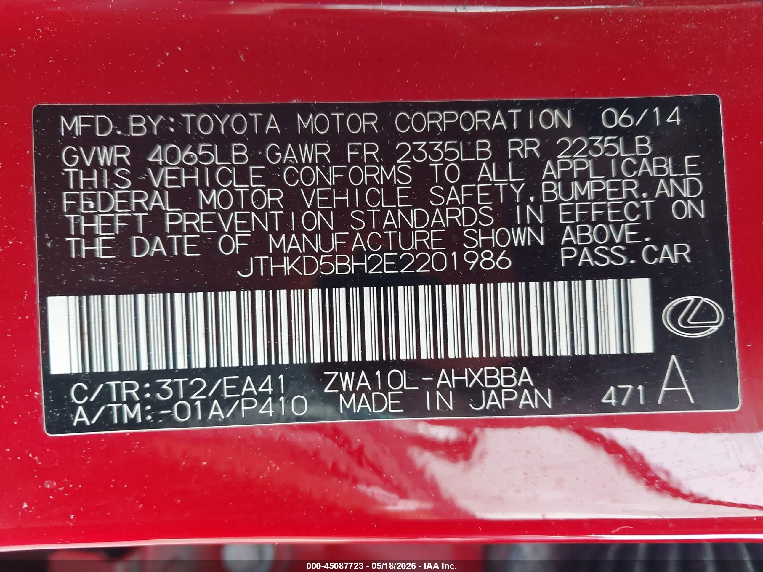 2014 Lexus Ct 200h   Red vin: JTHKD5BH2E2201986