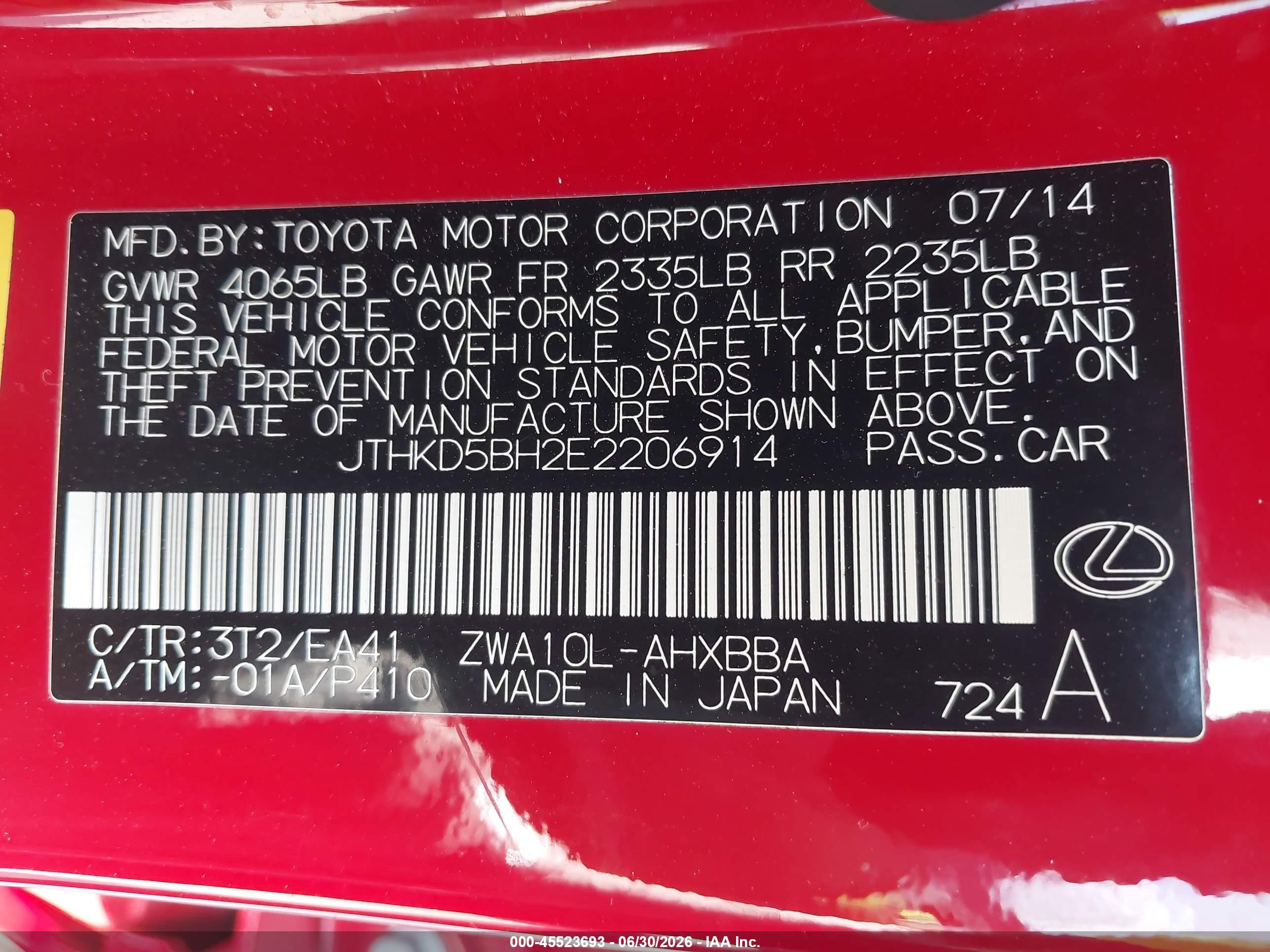 2014 Lexus Ct 200h   Red vin: JTHKD5BH2E2206914