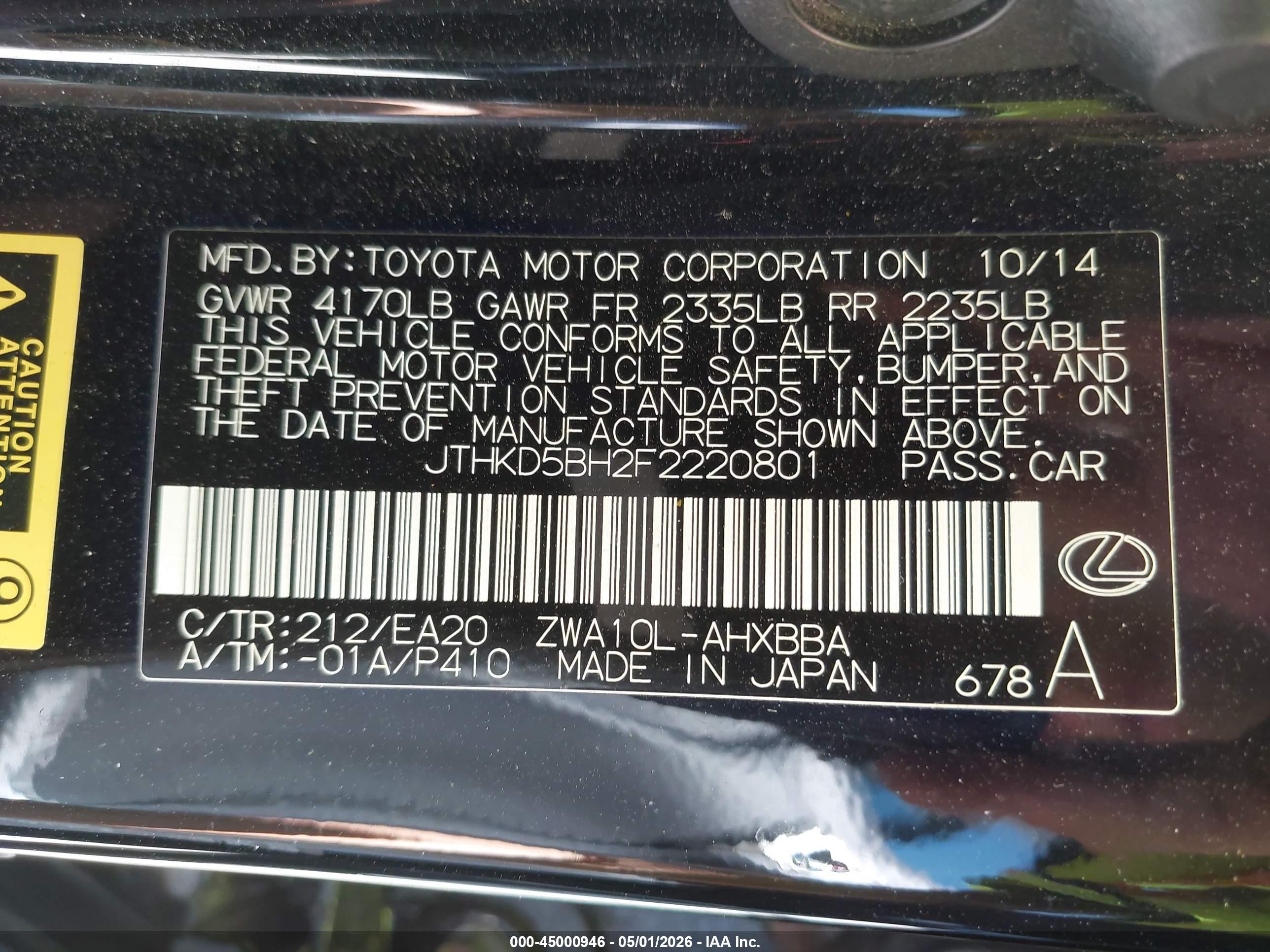 2015 Lexus Ct 200h   Black vin: JTHKD5BH2F2220801