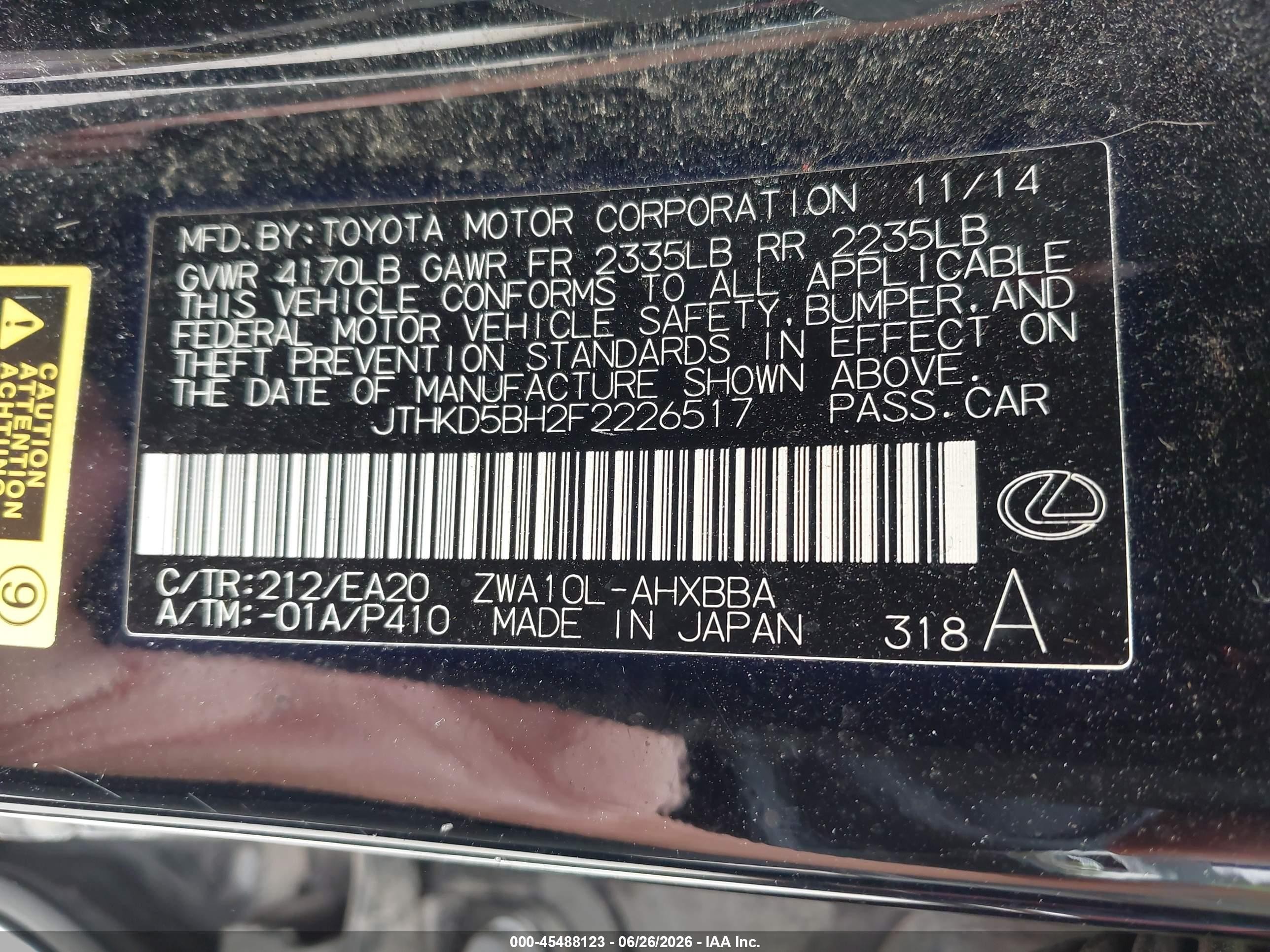 2015 Lexus Ct 200h   Black vin: JTHKD5BH2F2226517