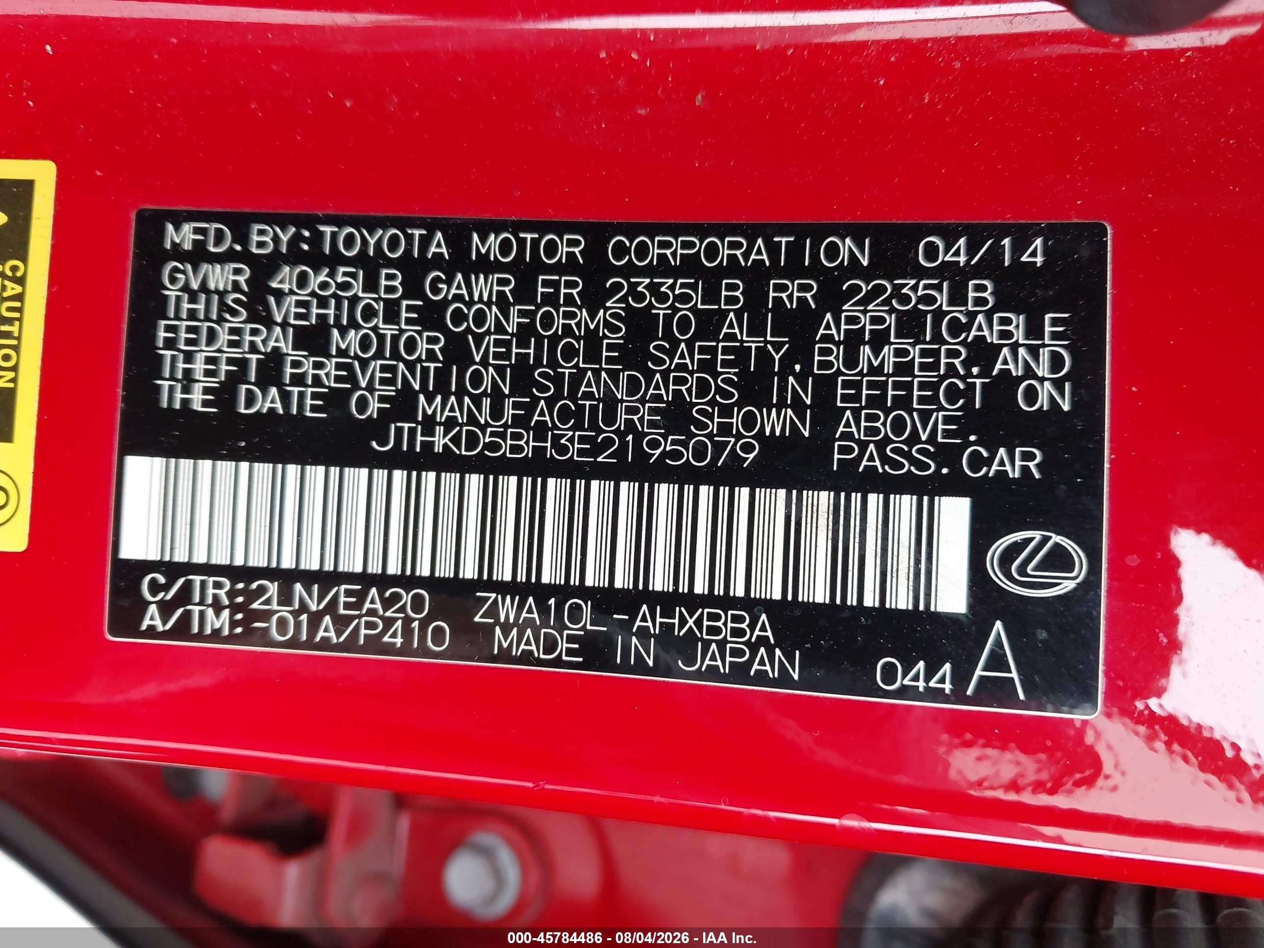 2014 Lexus Ct 200h   Red vin: JTHKD5BH3E2195079