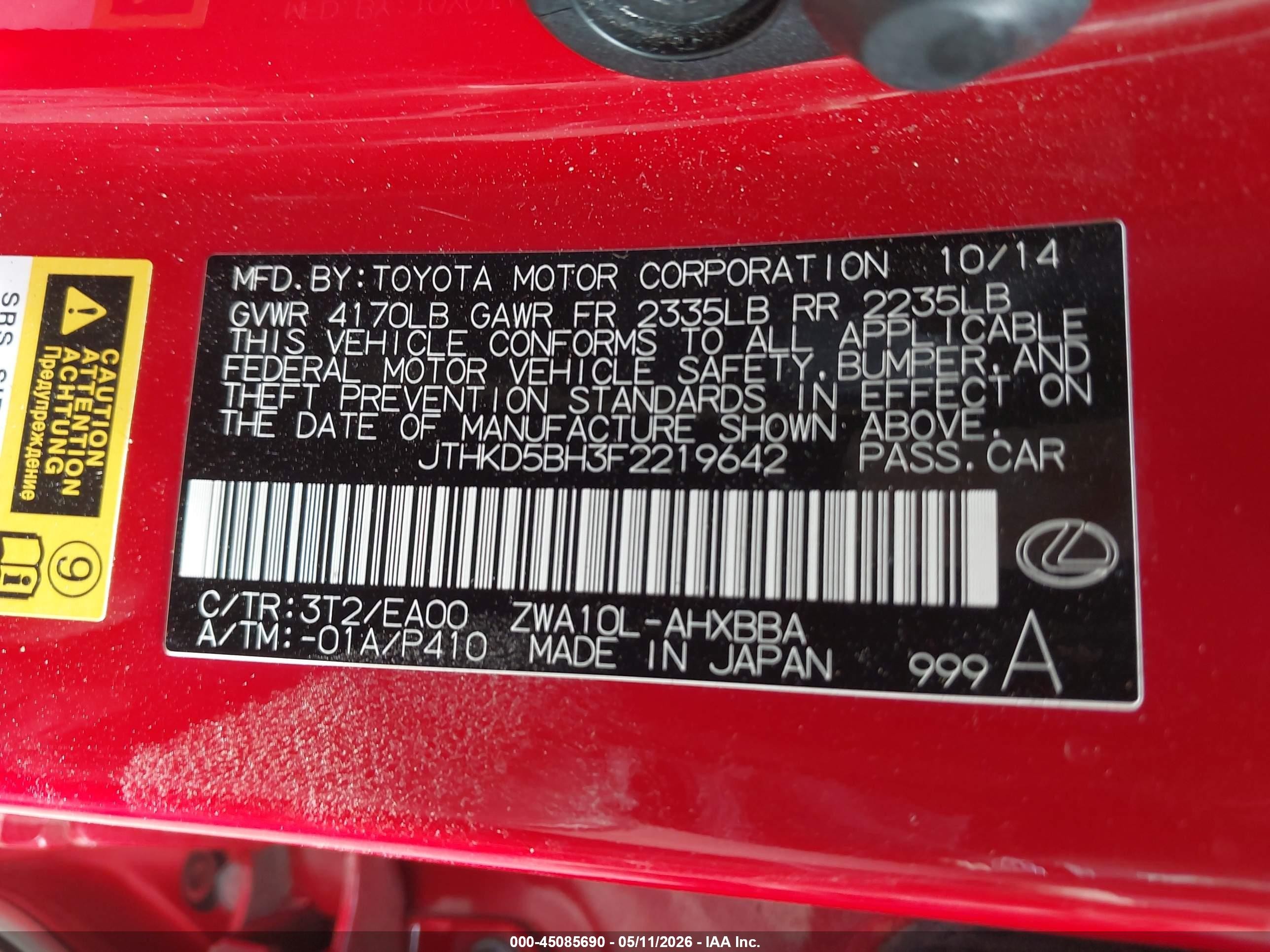 2015 Lexus Ct 200h   Red vin: JTHKD5BH3F2219642