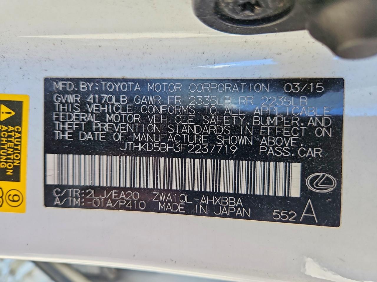 2015 Lexus Ct 200 White vin: JTHKD5BH3F2237719