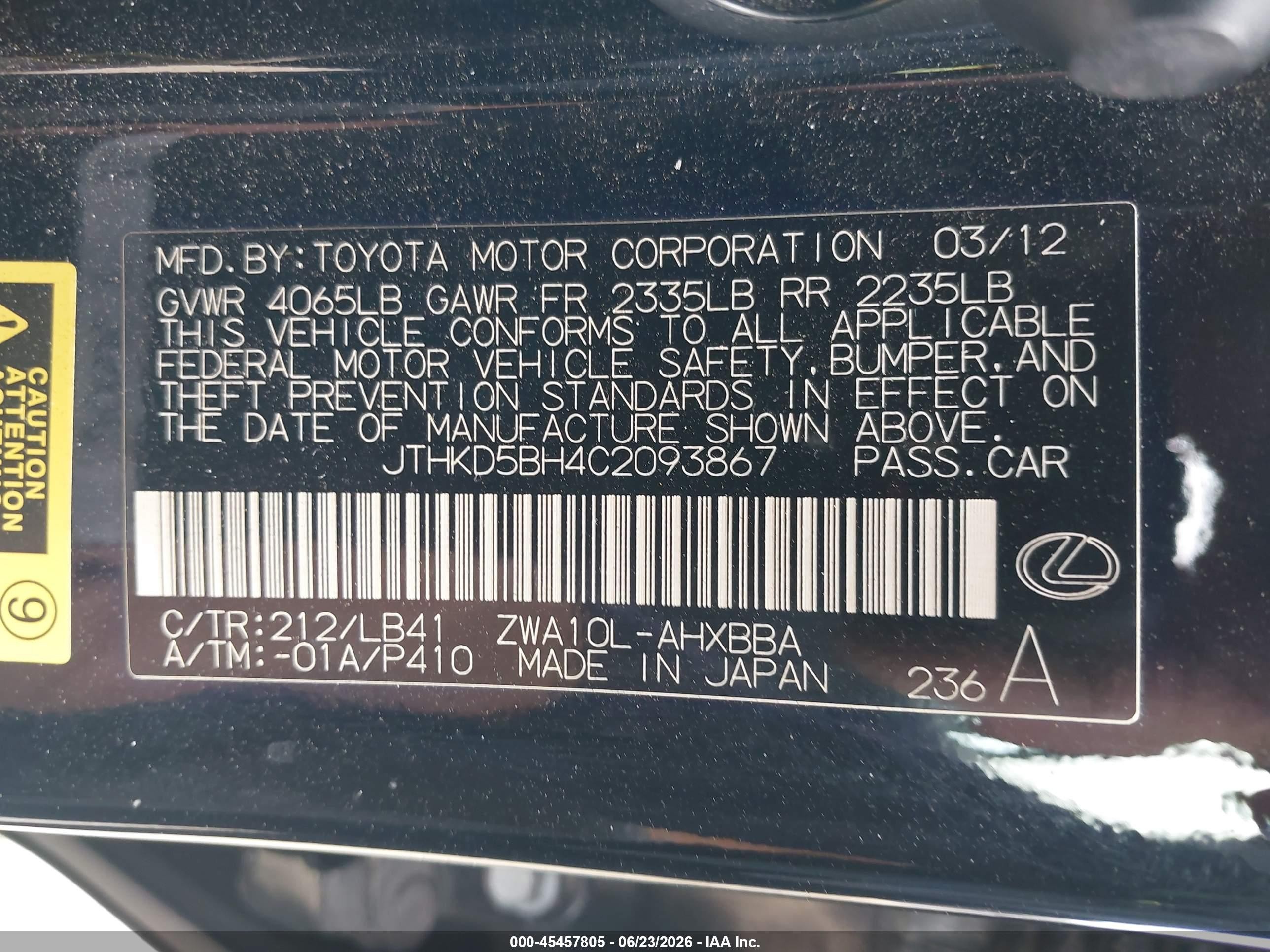 2012 Lexus Ct 200h Premium Black vin: JTHKD5BH4C2093867