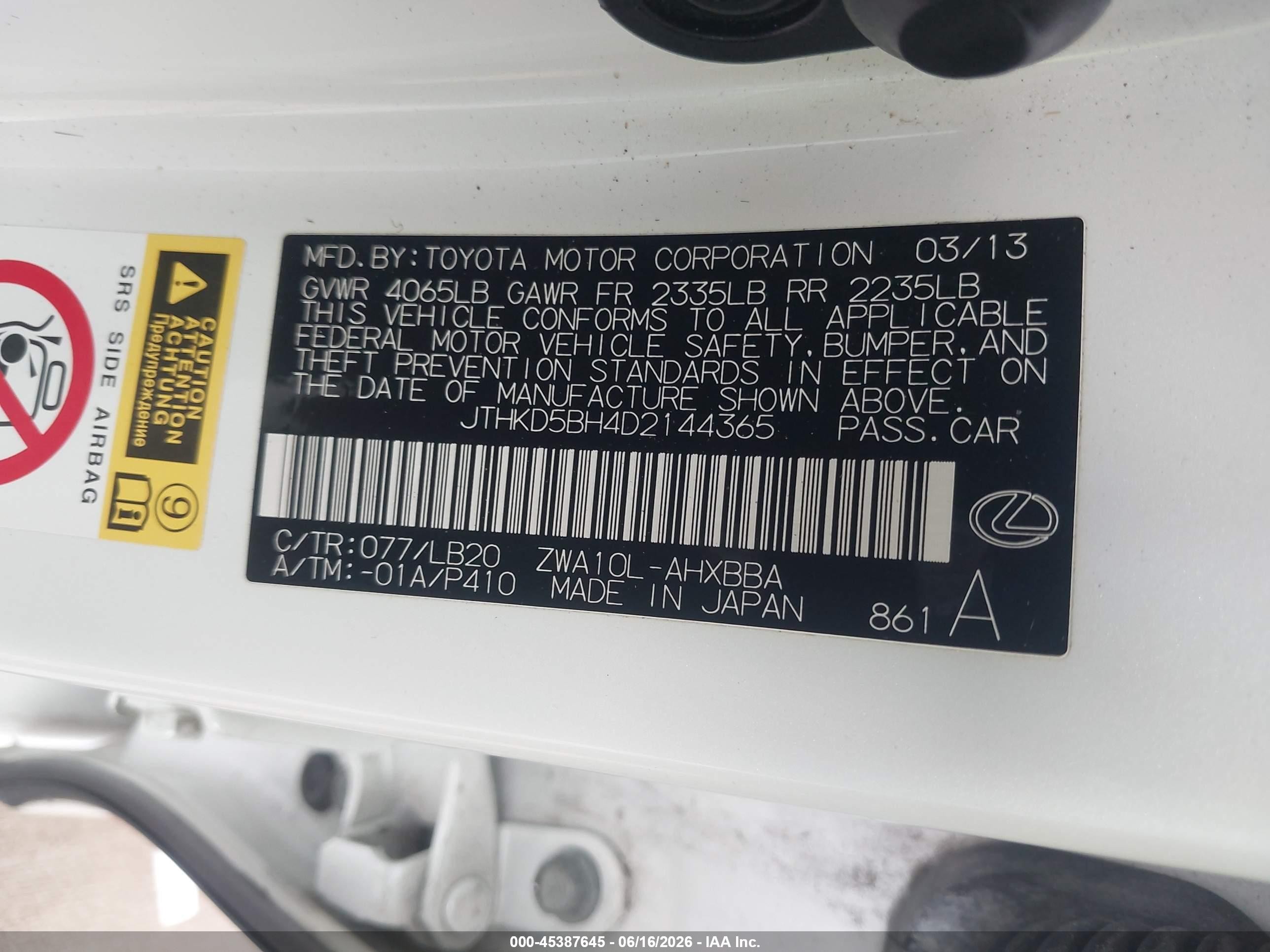 2013 Lexus Ct 200h   White vin: JTHKD5BH4D2144365