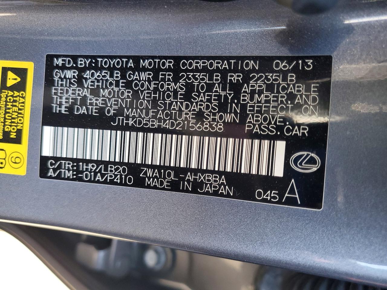 2013 Lexus Ct 200 Gray vin: JTHKD5BH4D2156838