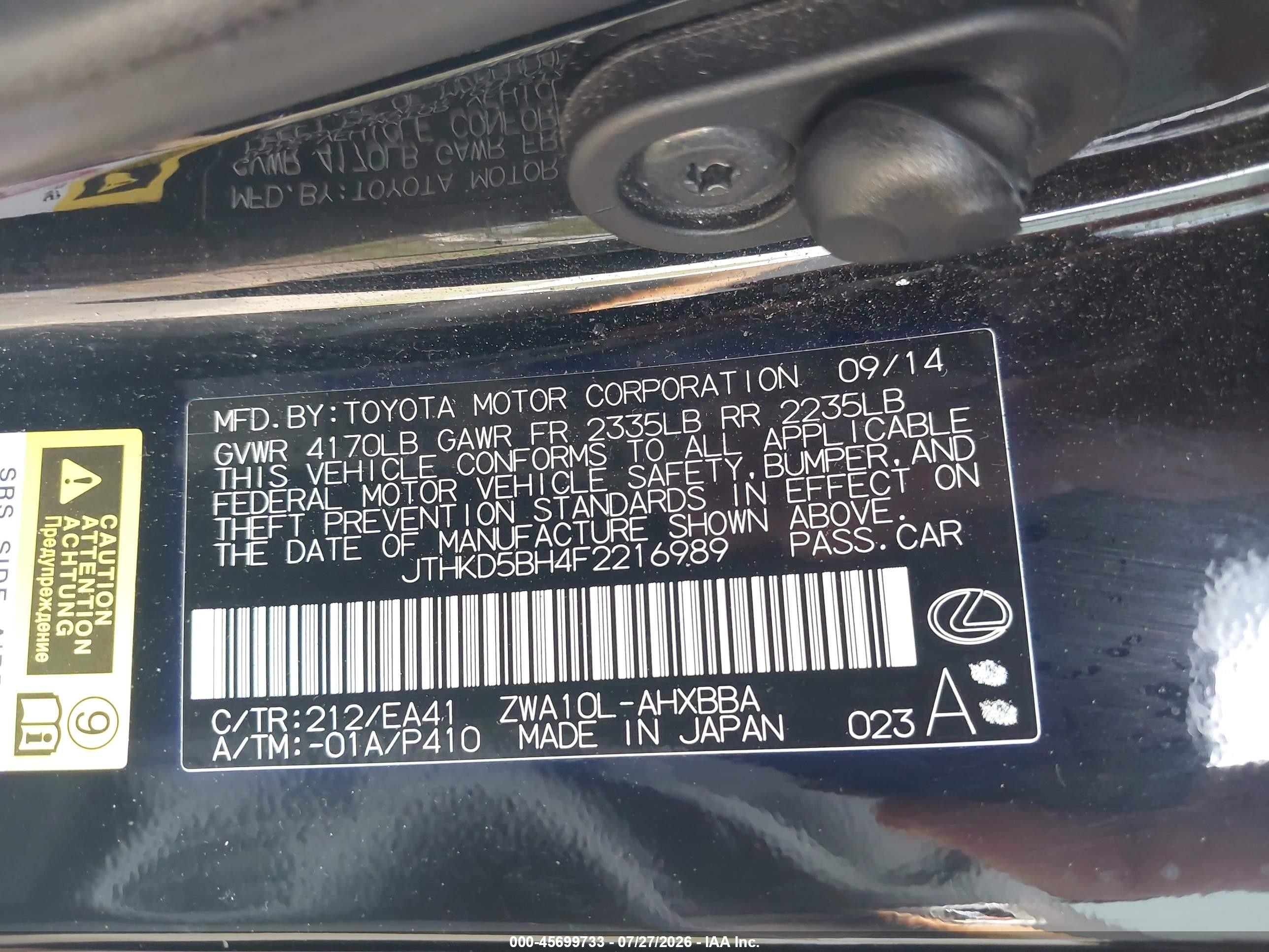 2015 Lexus Ct 200h   Black vin: JTHKD5BH4F2216989