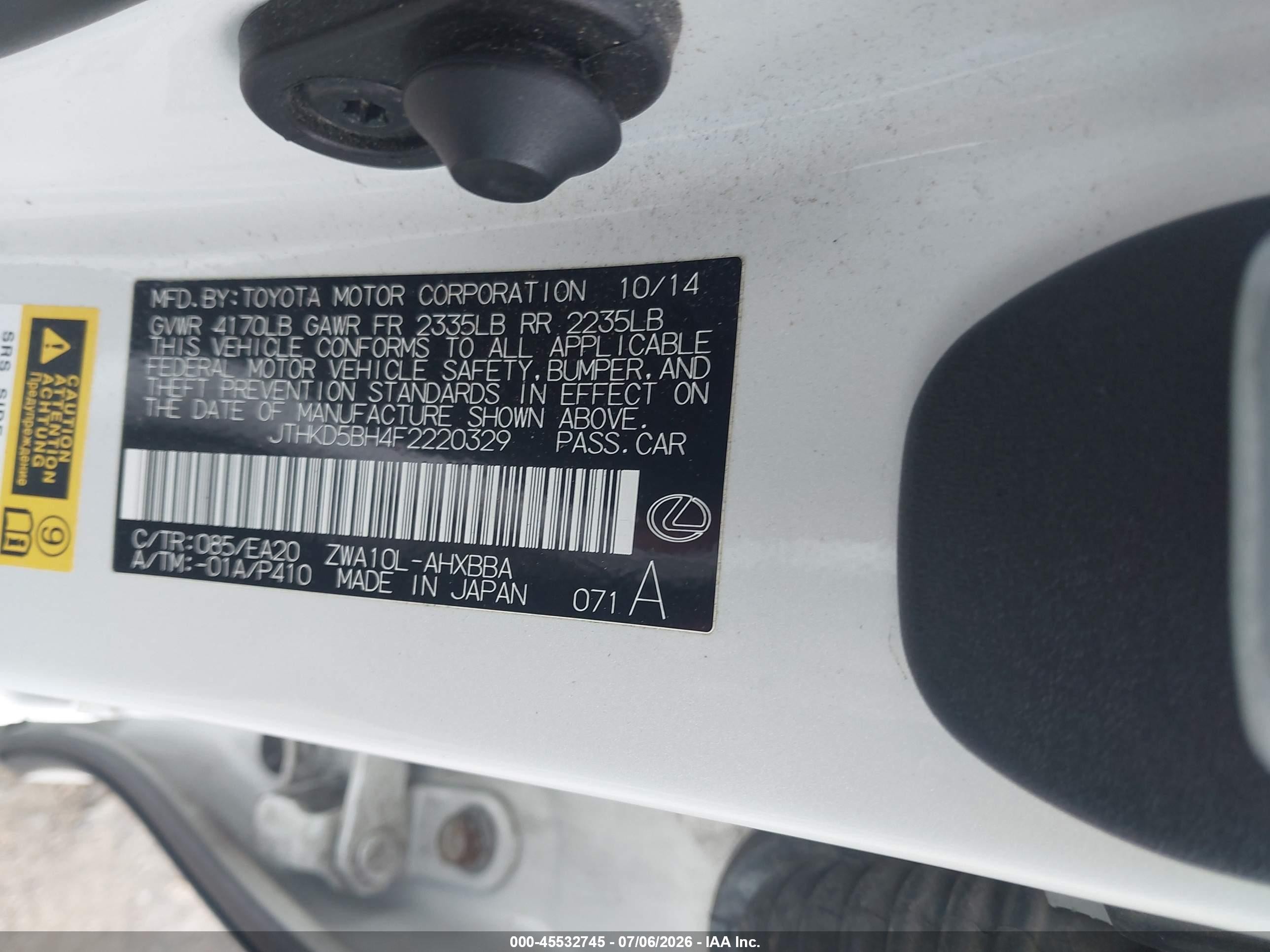 2015 Lexus Ct 200h   White vin: JTHKD5BH4F2220329